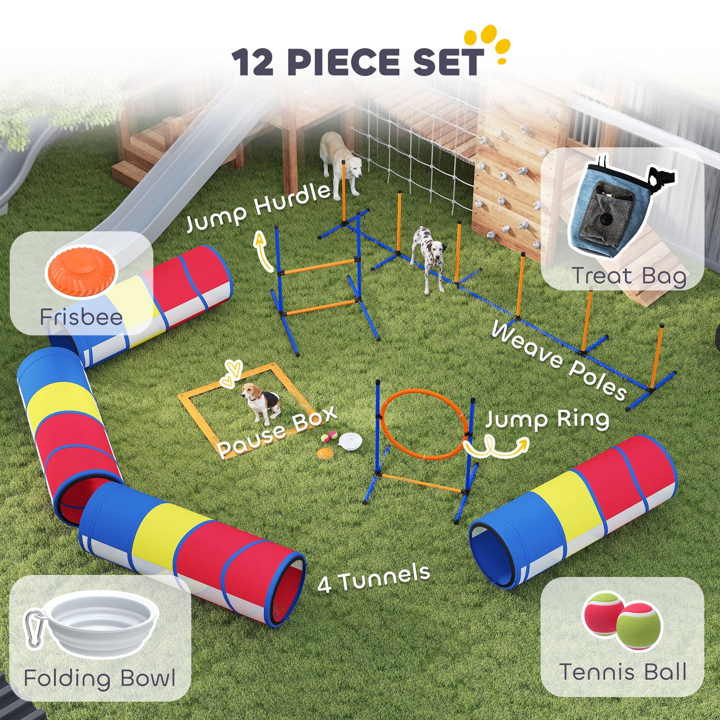 Dog Agility Training Equipment Set with Adjustable Hurdle, Ring & Tunnels - 12 Pieces