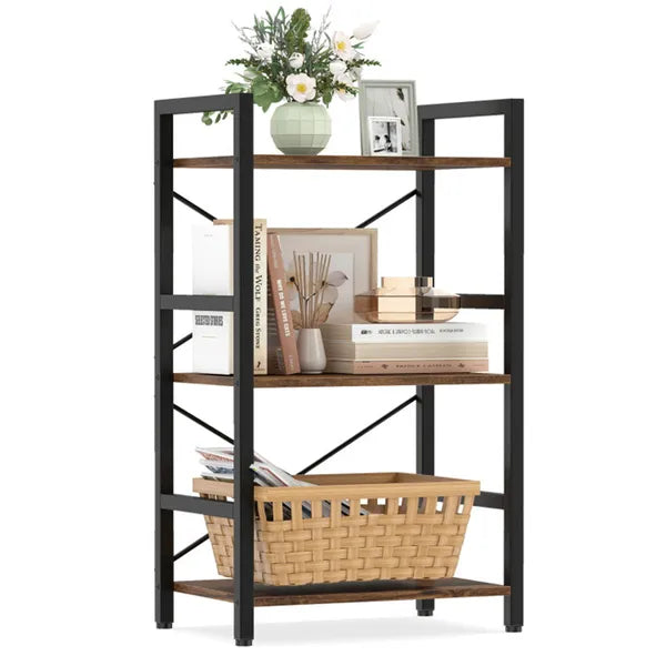 4-Tier Industrial Bookshelf - Rustic Brown & Black, Heavy-Duty Metal Frame