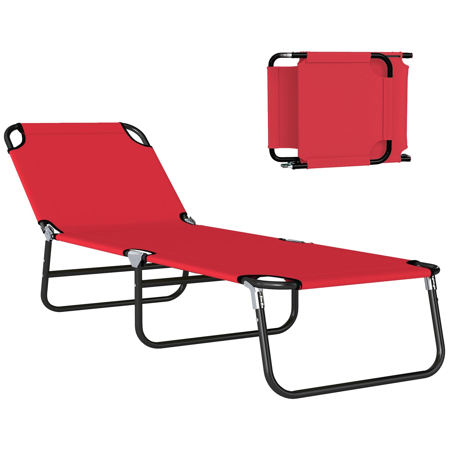 Folding Chaise Lounge Chair - 5-Level Recline, Steel Frame, Red