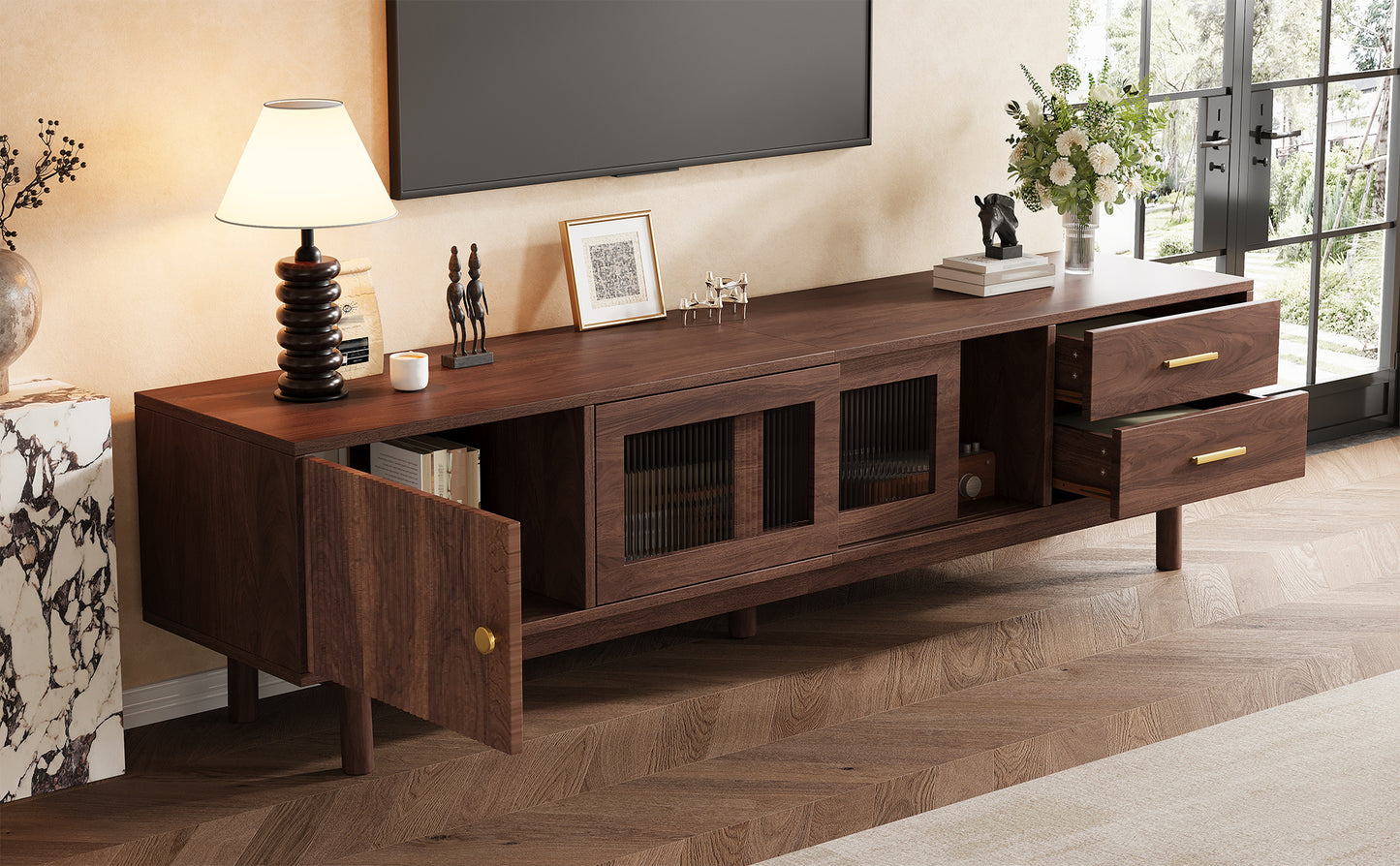 70-Inch Mid Century Modern TV Stand with Glass Sliding Doors