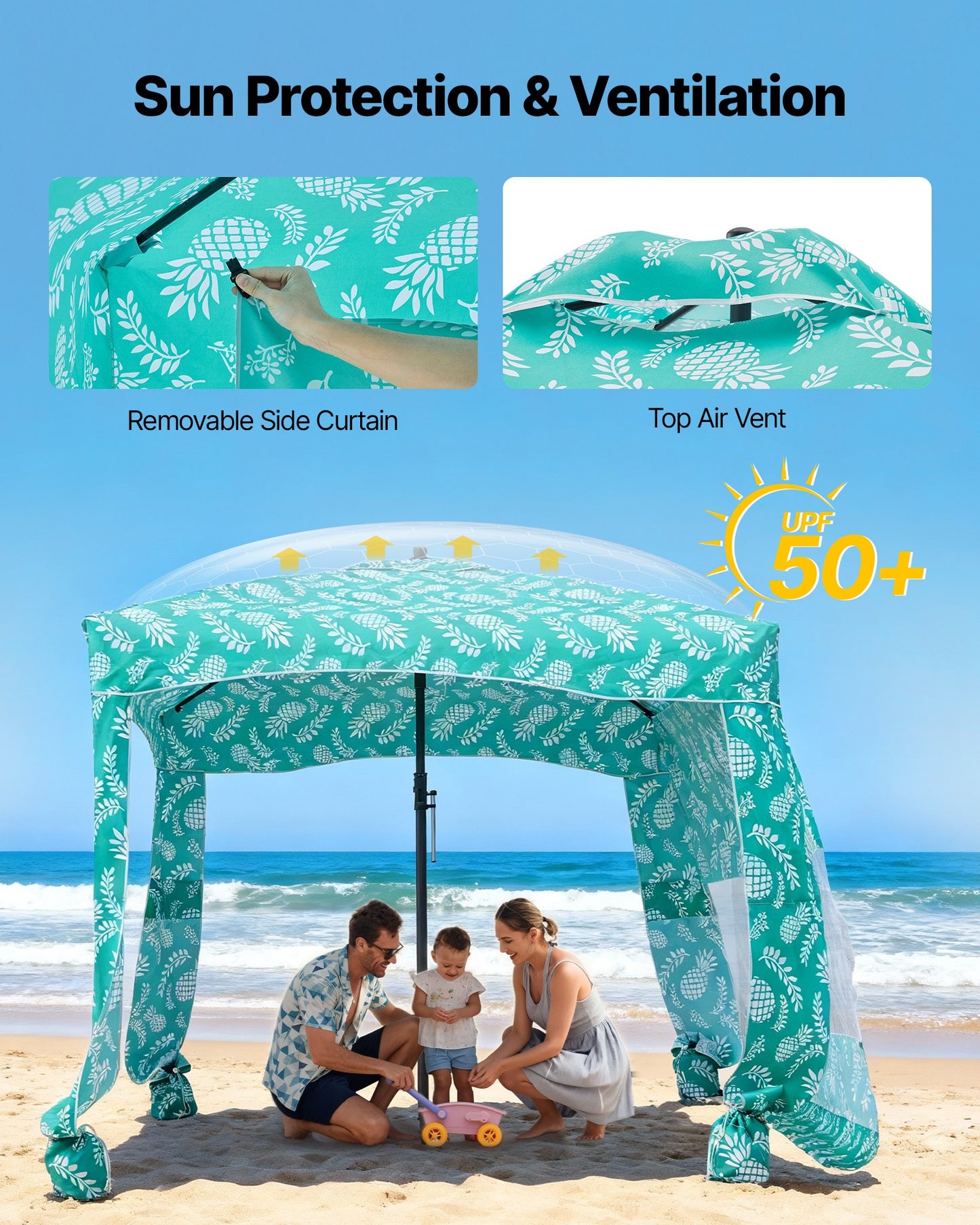 6x6 Ft Beach Cabana with Side Wall - UPF 50+ Sun Shade & Sand Pockets, Portable Outdoor Tent for Family & Friends