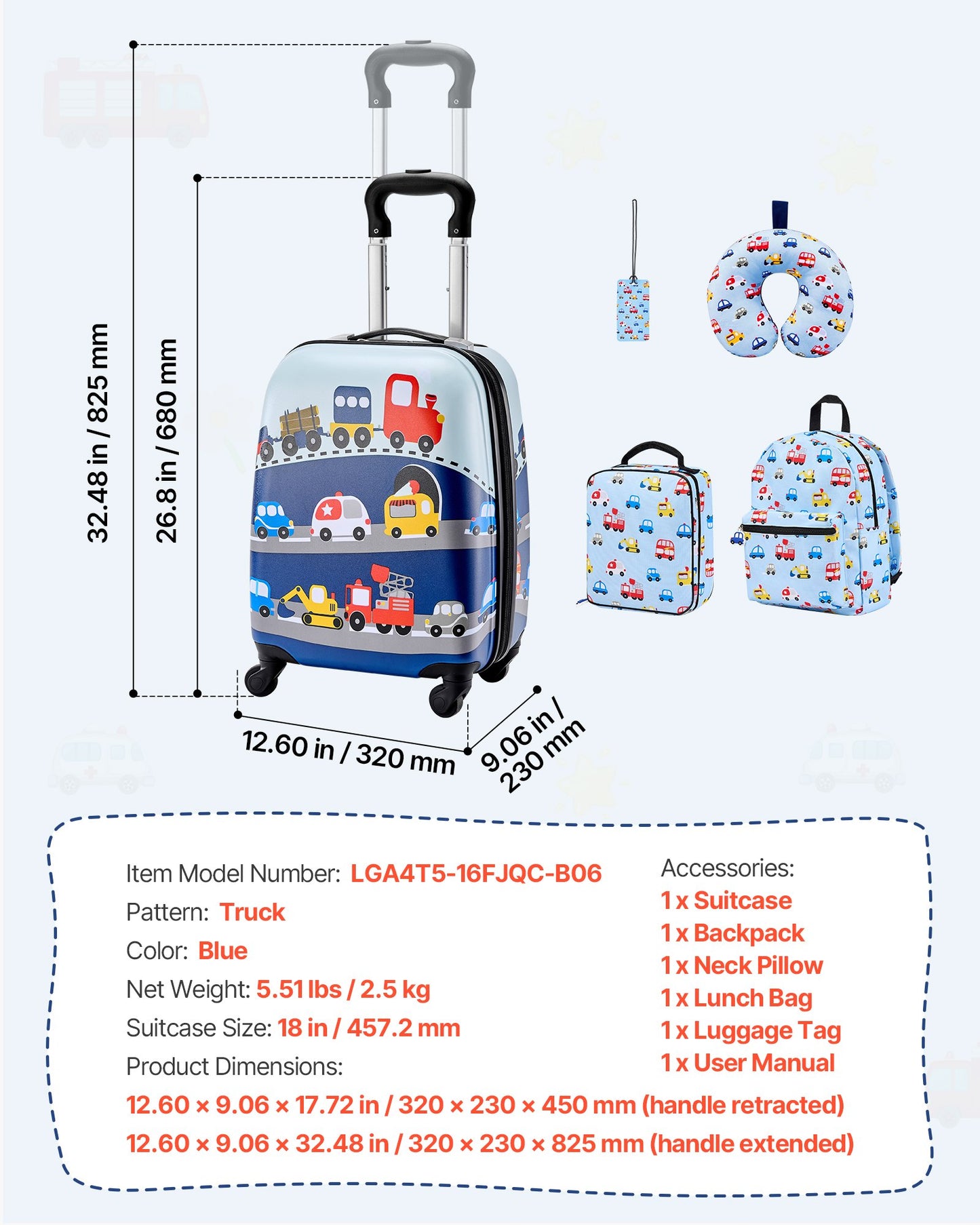 Kids Luggage Set 5-Piece 18 Inch Hardside Suitcase with Backpack & Pillow, Airline Approved Travel Gear for Boys Girls