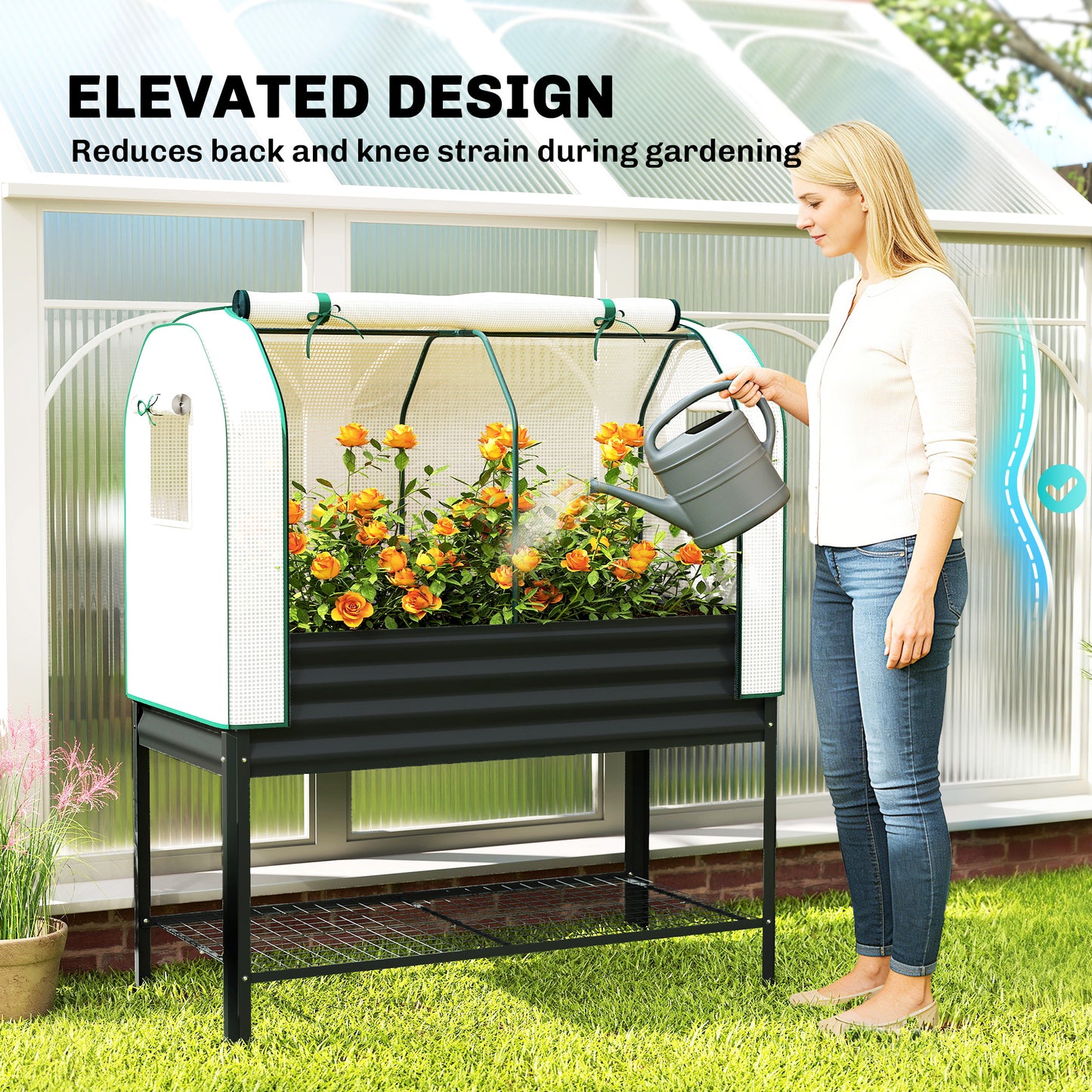 Galvanised Raised Garden Bed with Greenhouse Cover - Metal Elevated Planter with Storage Shelf - Black, 1330x370x120mm