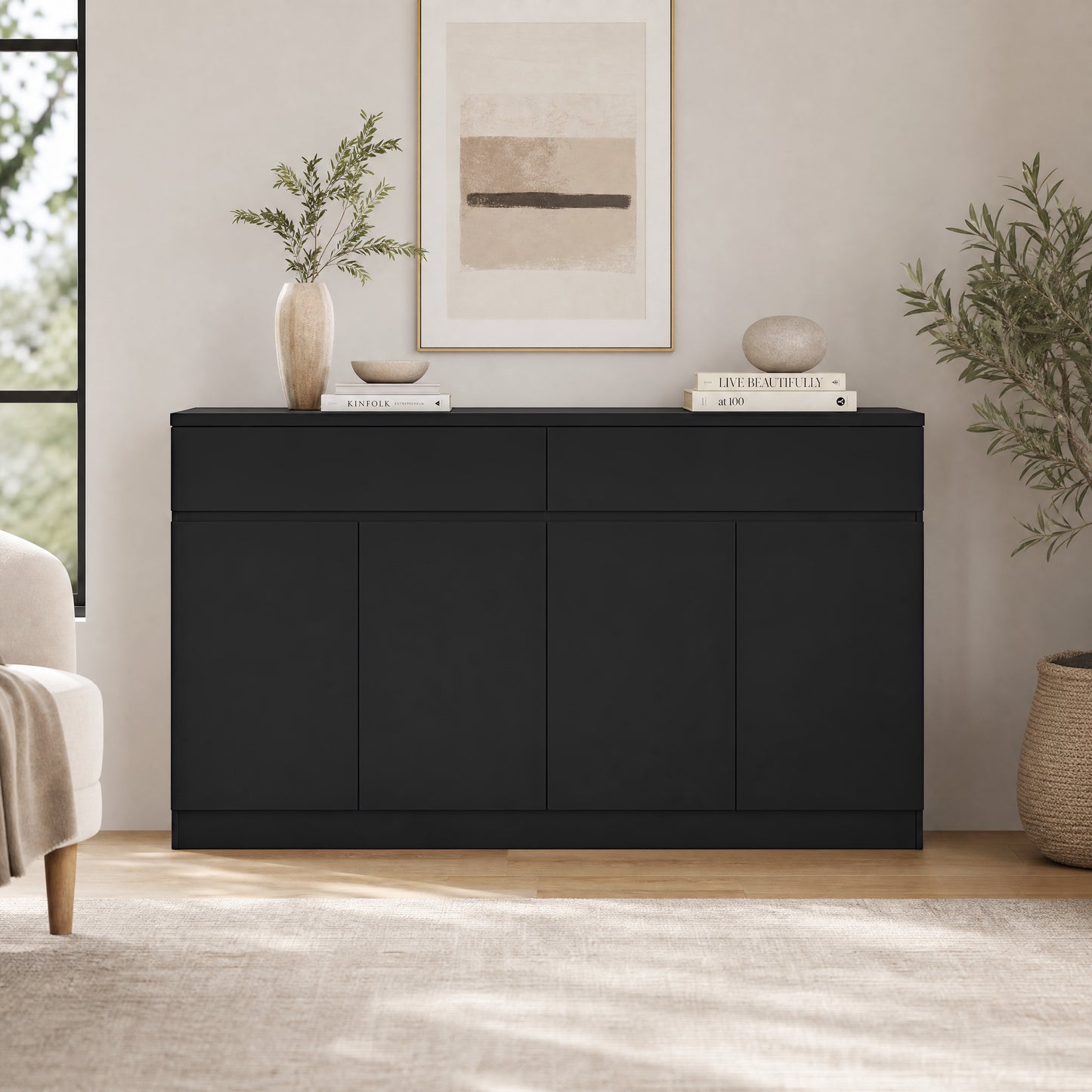 Large Black Sideboard Buffet Cabinet with Storage & 2 Drawers