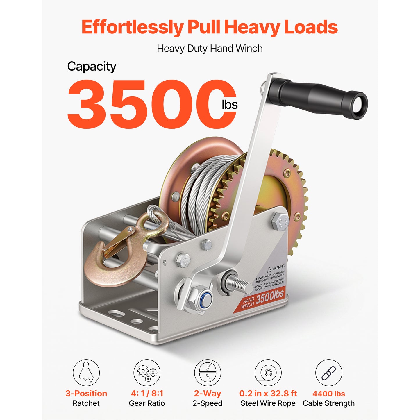 Heavy Duty Boat Winch 3500 Lbs with Steel Wire & Two-Way Ratchet - Portable Towing