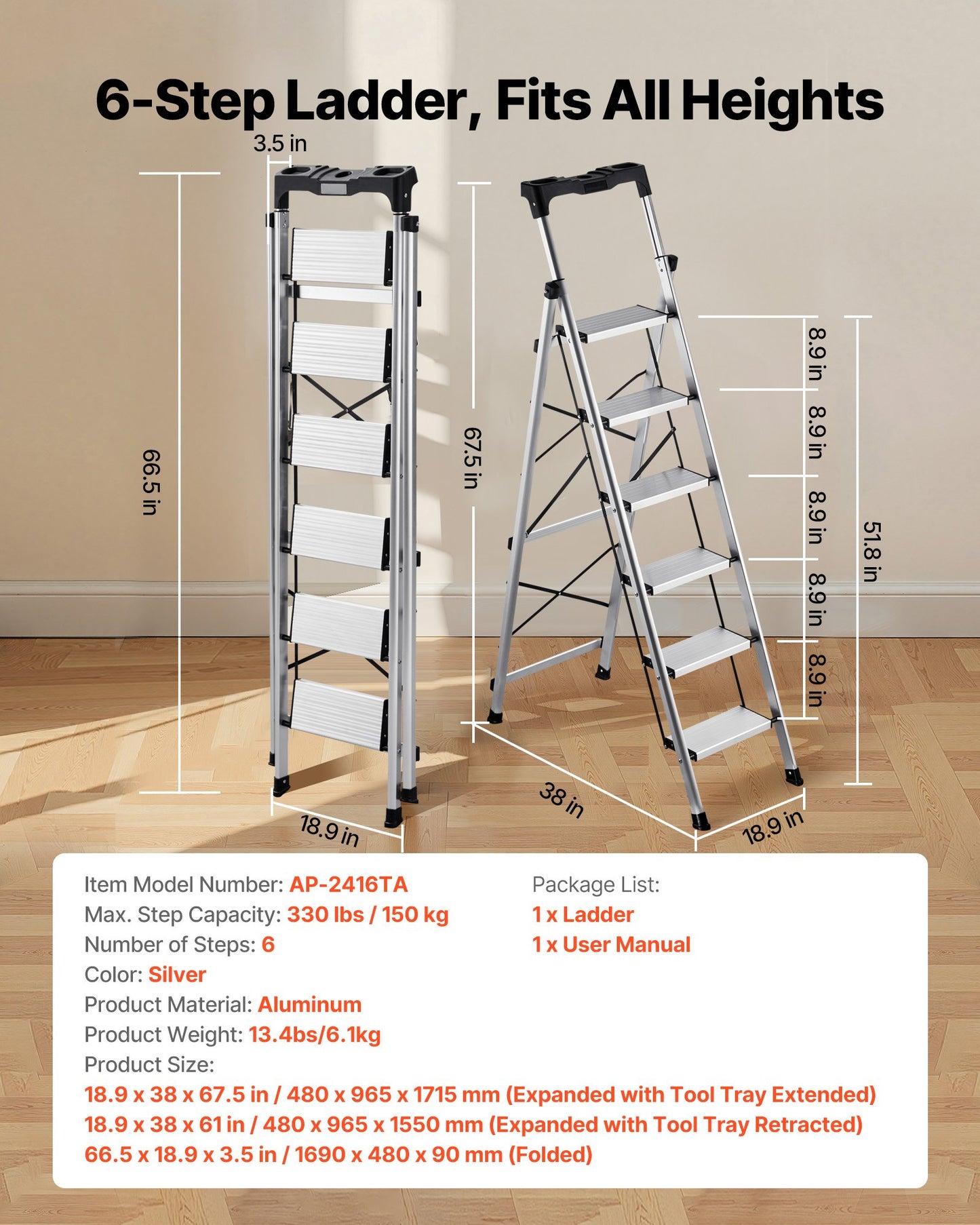 6 Step Folding Aluminum Ladder with Anti-Slip Pedals & Handgrip - 330 lbs Capacity, Portable Silver Step Stool for Home & Office