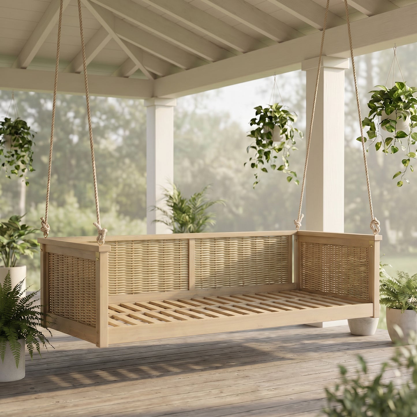 Outdoor Classic Solid Wood Twin Size Swing Bed - Light Teak