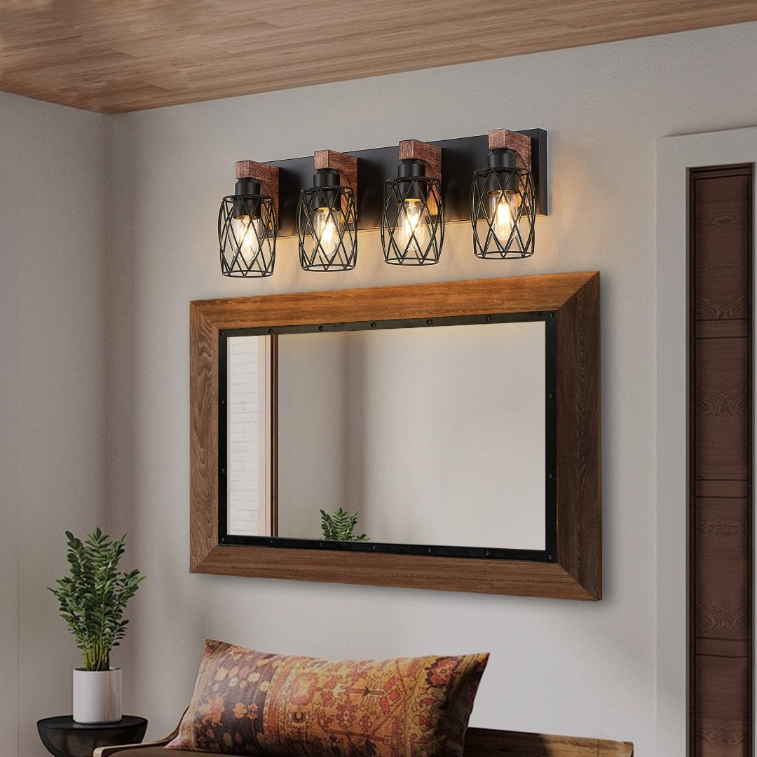 Industrial Vintage 4-Light Wall Sconce - Black Cage & Wood Accents