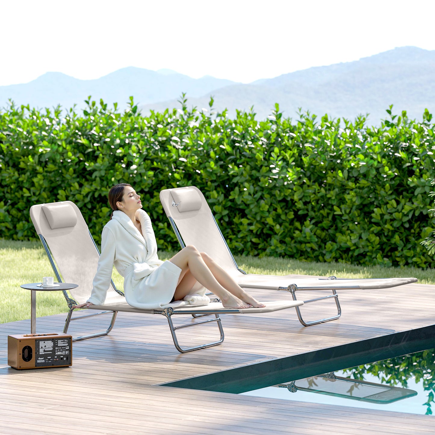 2 Piece Folding Chaise Lounge Chairs with Reclining Back - Cream White