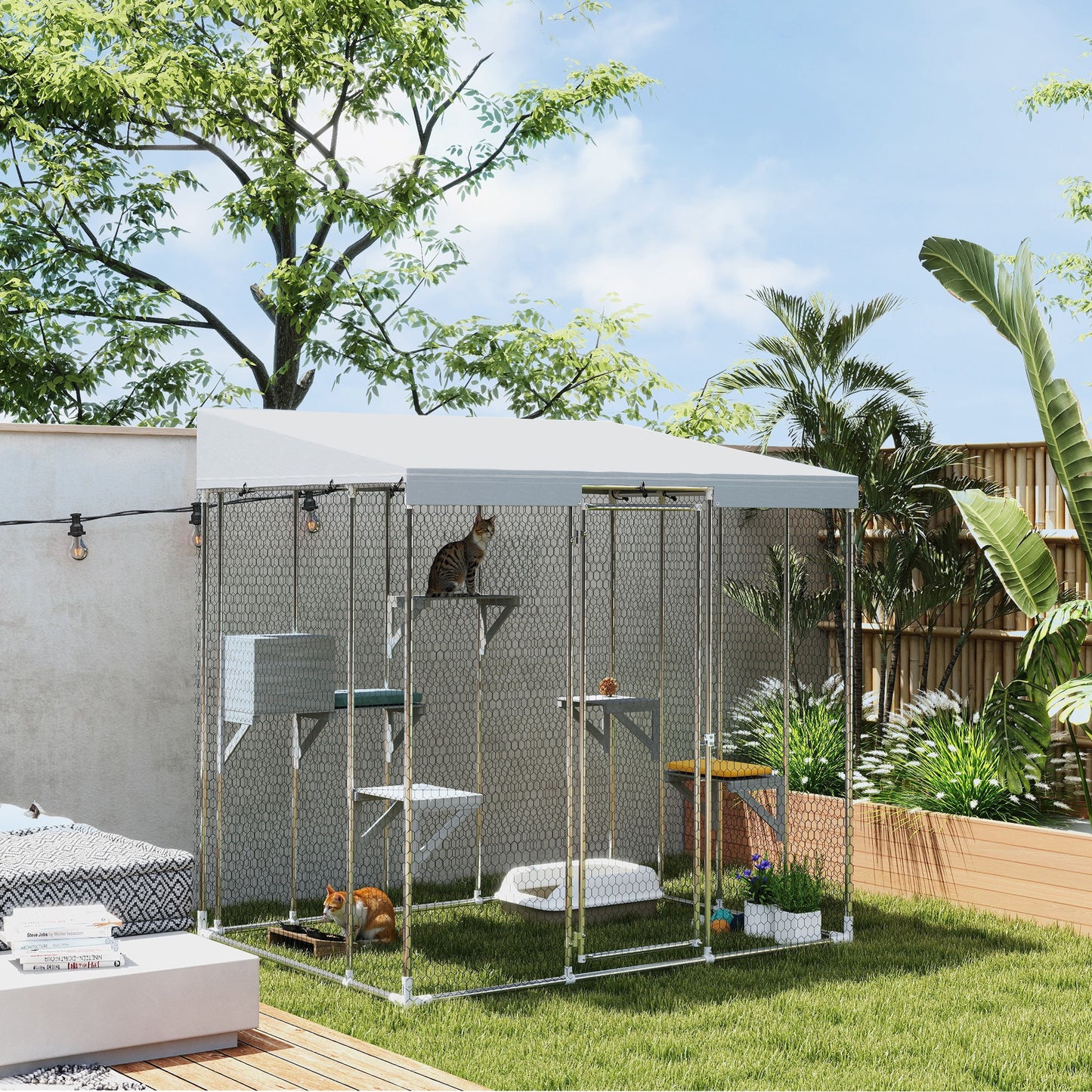 Large Galvanized Steel Cat Enclosure with Waterproof Canopy and Jumping Platforms - Silver, 79 Inches