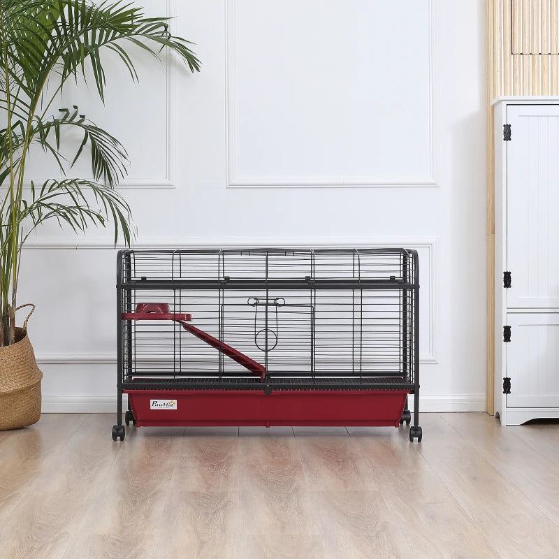 Small Animal Cage with Ramp & Feeder - Mobile Pet Hutch for Rabbit & Ferret, 41.5 Inch