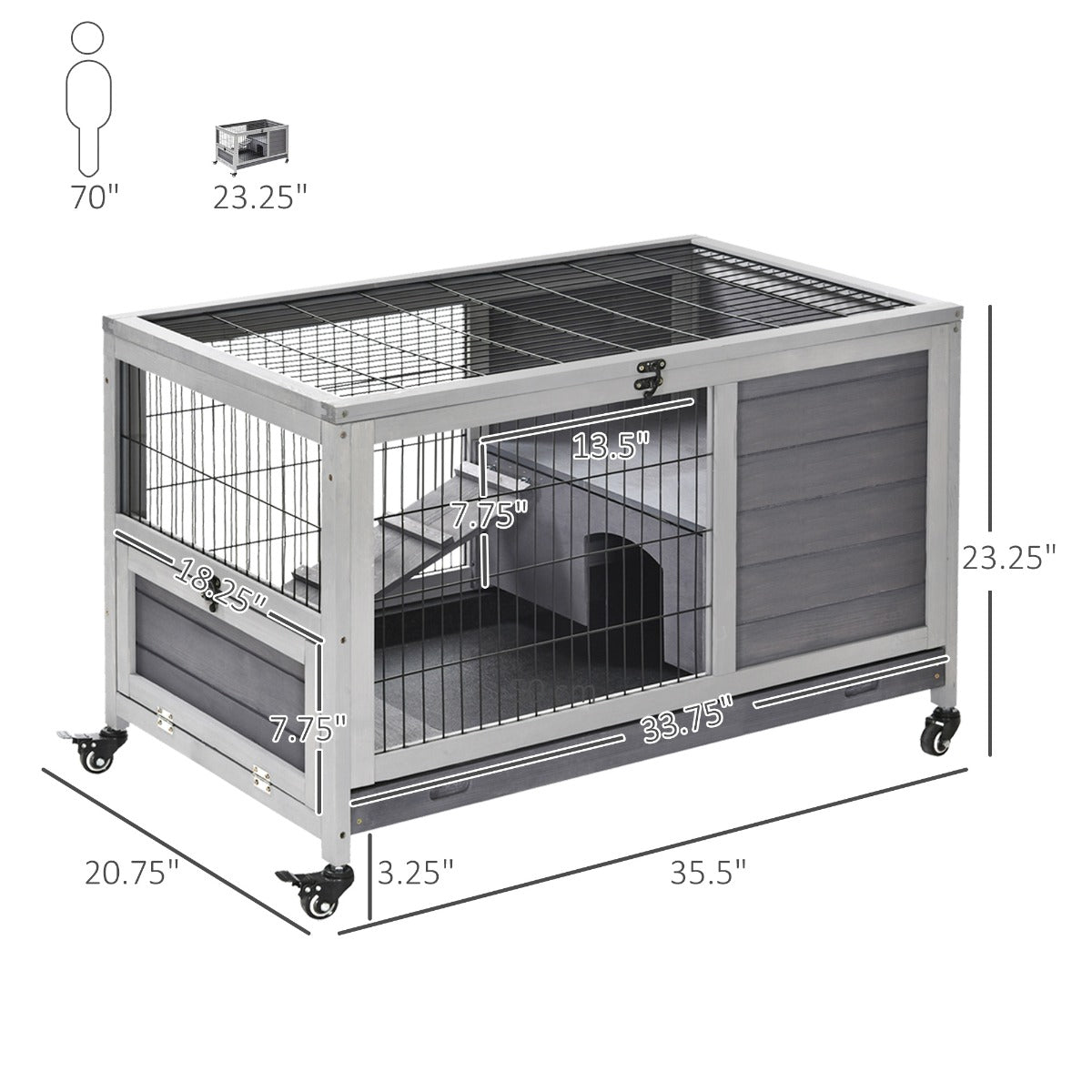 Indoor Small Animal Cage with Enclosed Run and Wheels - Wooden Rabbit & Guinea Pig Habitat