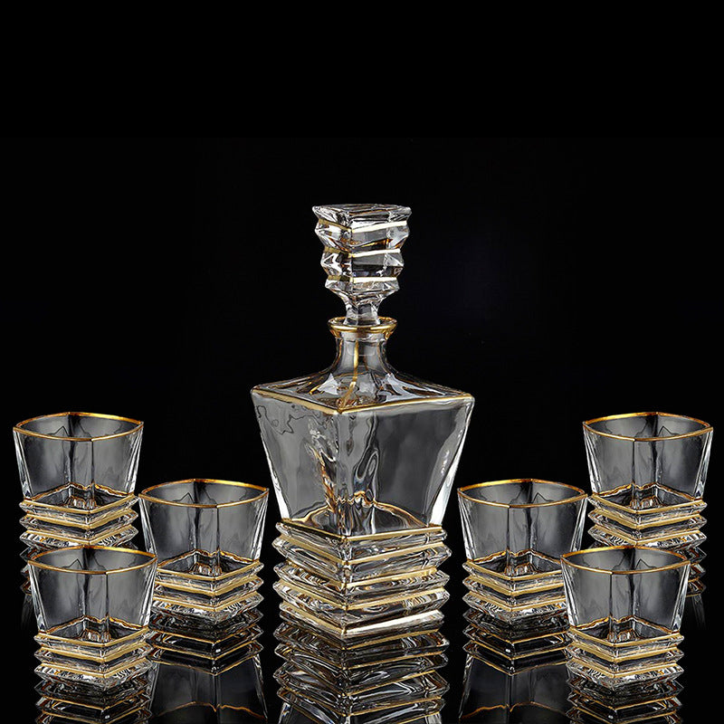 Crystal Whisky Glass Set - Home Bar Drinkware with Gilded Pattern