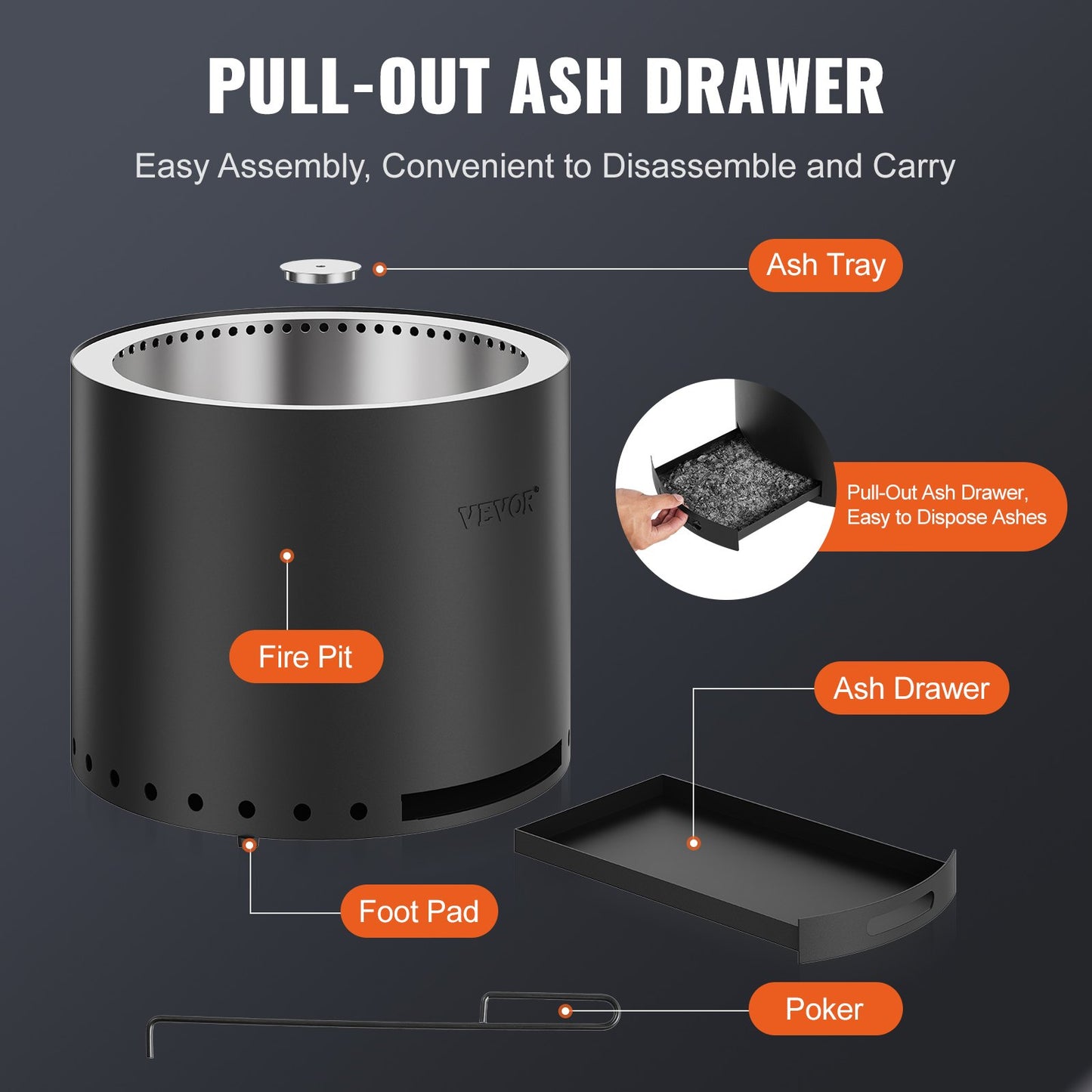 15 Inch Smokeless Steel Fire Pit Stove with Ash Tray - Outdoor Garden Heating