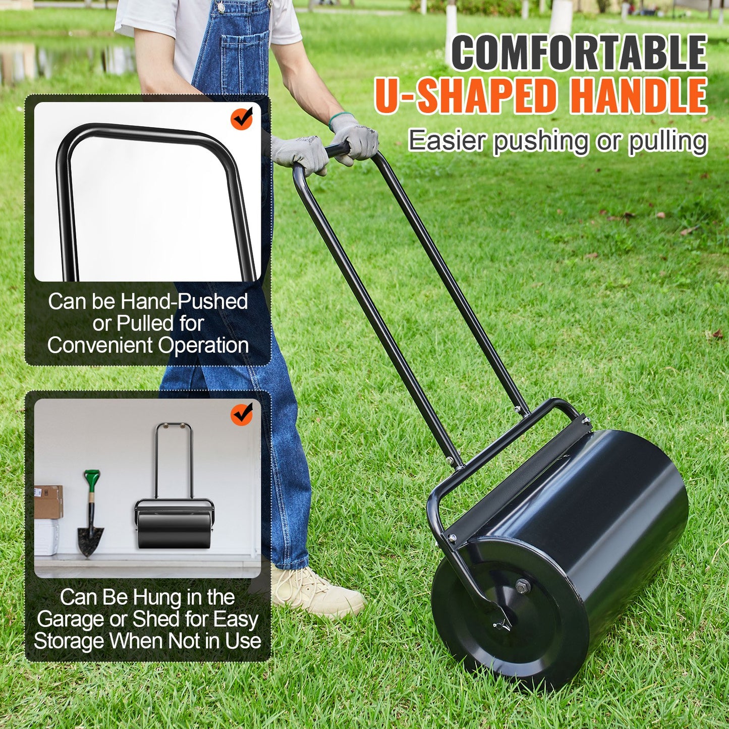 Garden Lawn Roller 13 Gallon Steel Sand Water Filled Push & Pull Yard Tool Black