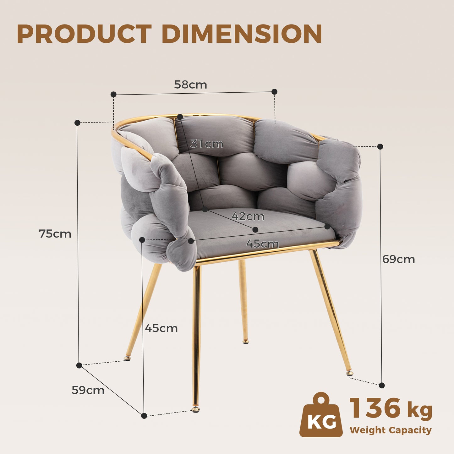 Velvet Accent Chair - Modern Gray Sofa Chair for Bedroom