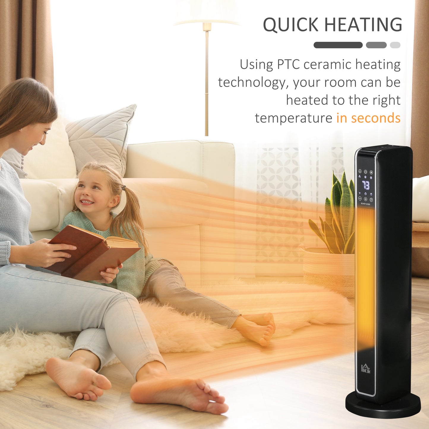 Portable Electric Tower Space Heater with Remote, 750W/1500W, Oscillating, Timer - Black