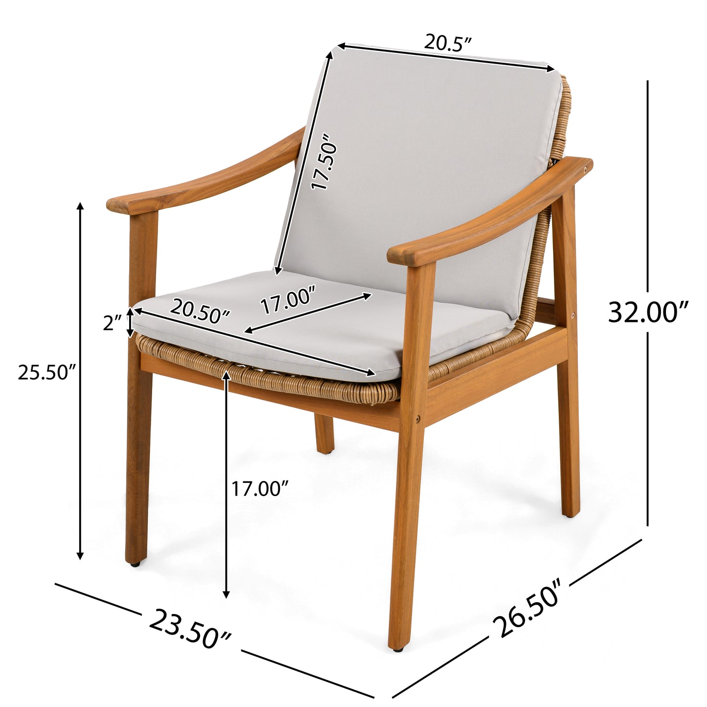 Outdoor Dining Chairs Set of 2 - Teak Acacia Wood, Grey Cushion