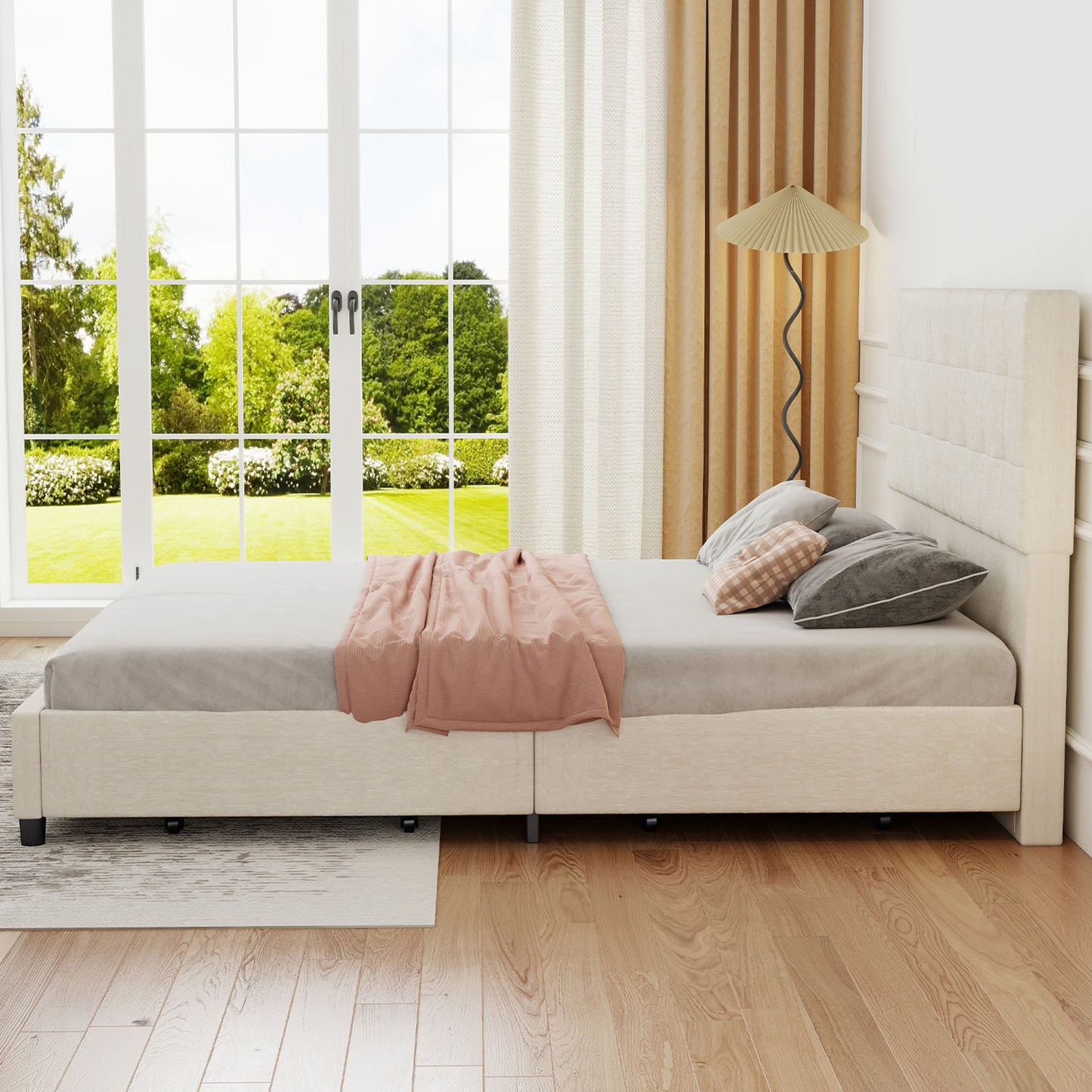 Bed Frame Upholstered Vertical Channel Headboard With 4 Storage