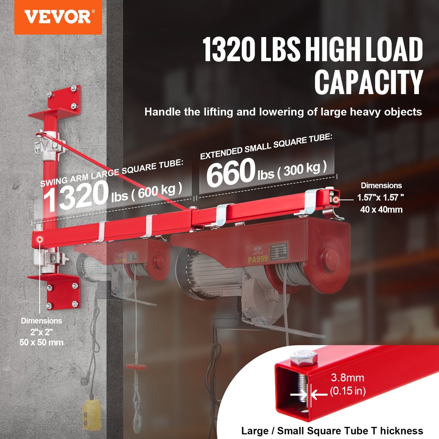 Electric Hoist Support Arm 1320 Lb Capacity Swing Support for Workshop Garage