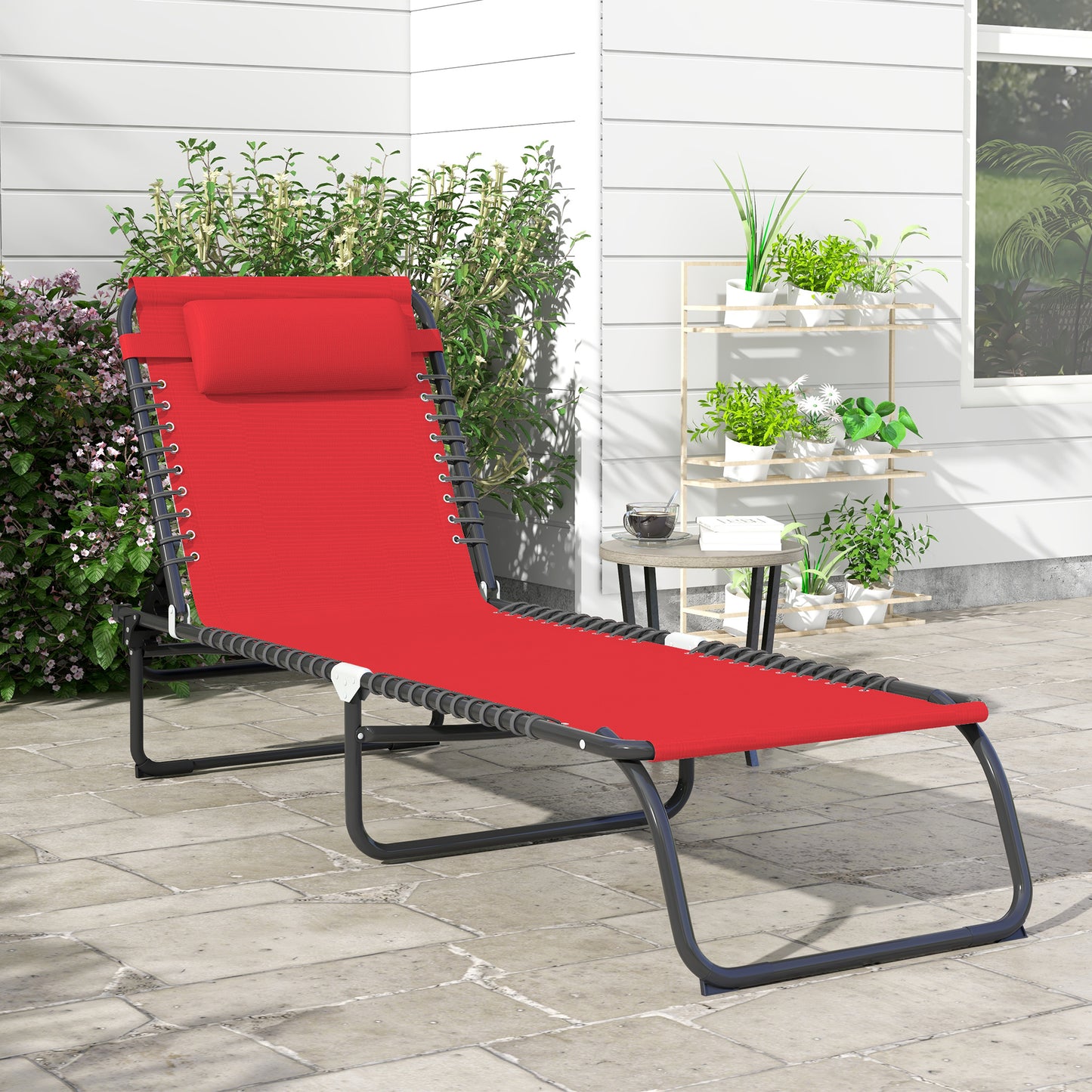 Folding Chaise Lounge Chair with 4-Position Recline & Pillow - Wine Red