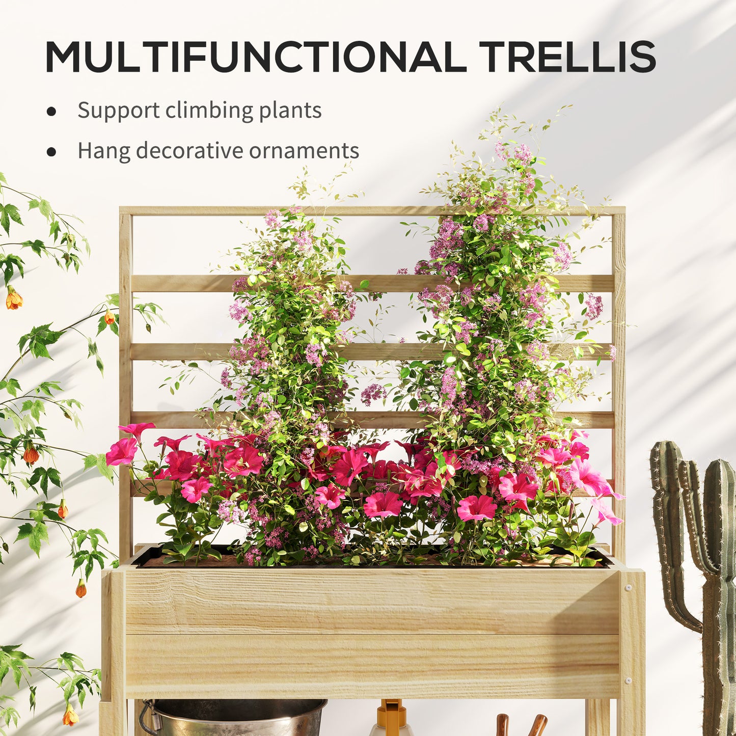 Wooden Raised Garden Bed with Trellis and Storage Shelf - Outdoor Planter Box