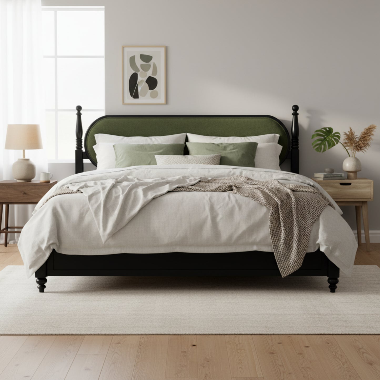 Queen Bed Frame - Solid Wood Platform with Green & Black Upholstered Headboard