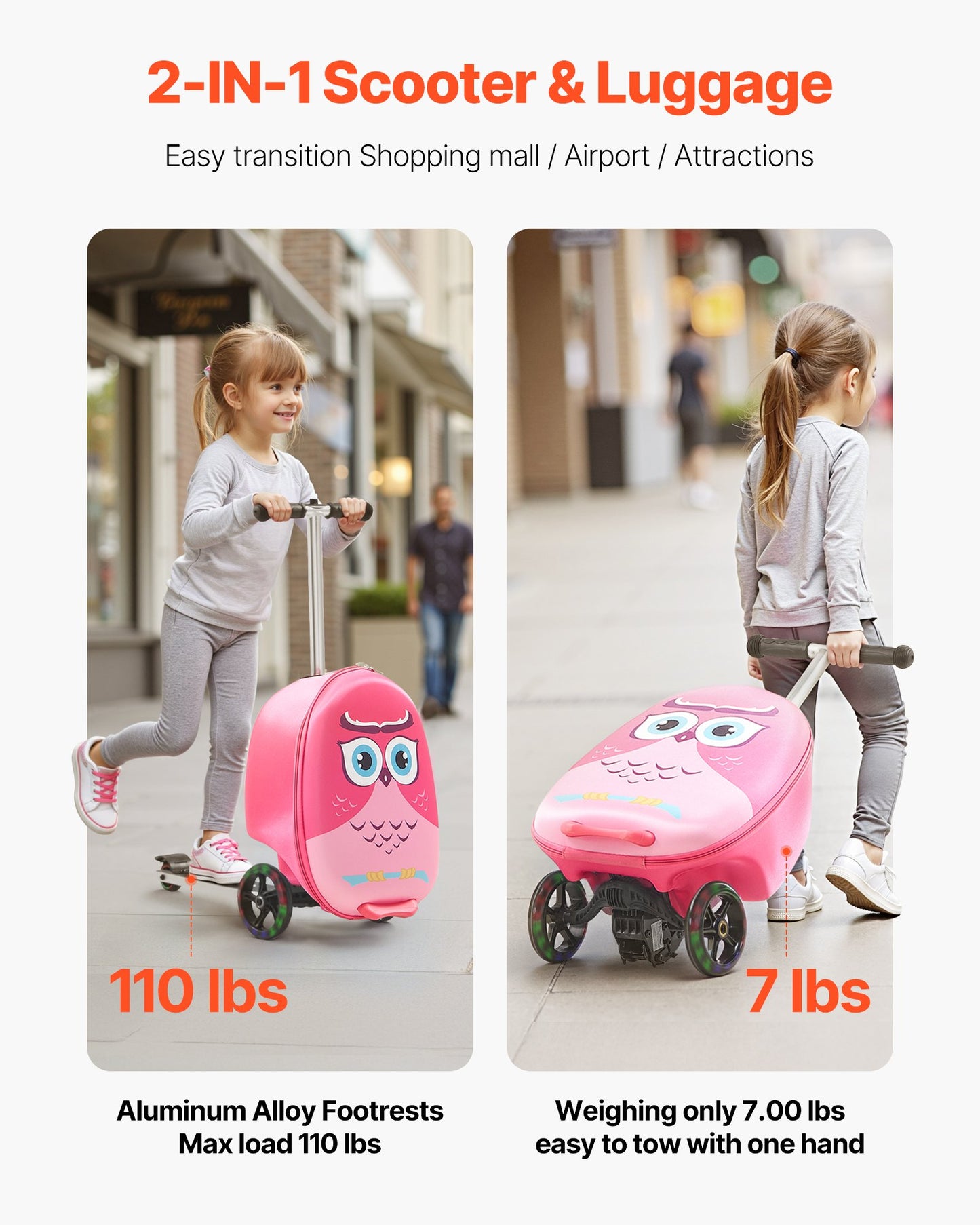 Kids Ride-On Luggage 20-Inch Pink Scooter Suitcase with Flash Wheels