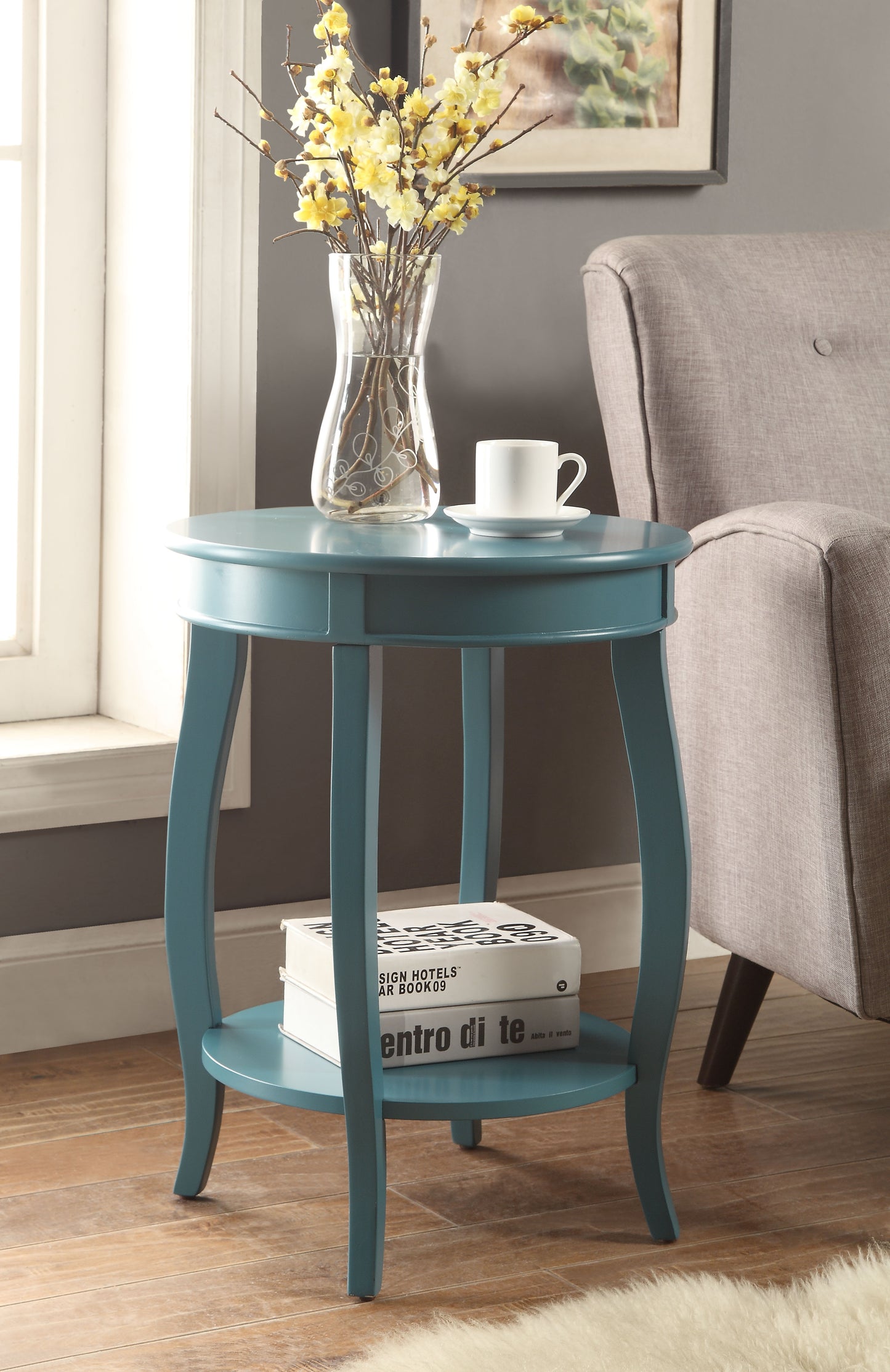 Teal Finish Accent Table with Open Storage Shelf