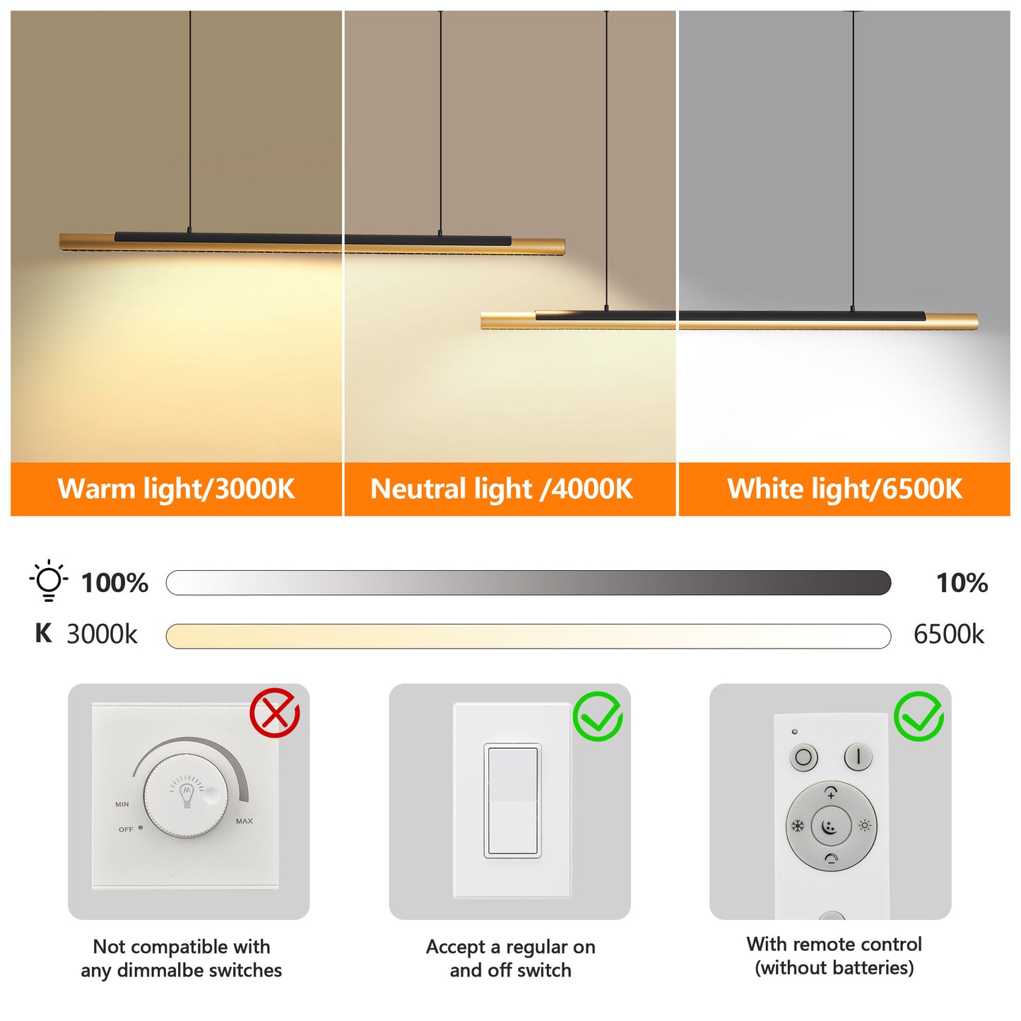 75-Inch Black and Gold LED Pendant Light - Adjustable Hanging Fixture