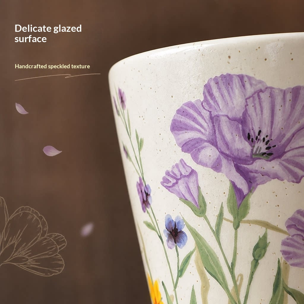 Retro Handheld Latte Art Coffee Cup 300ml Purple Bellflower Design