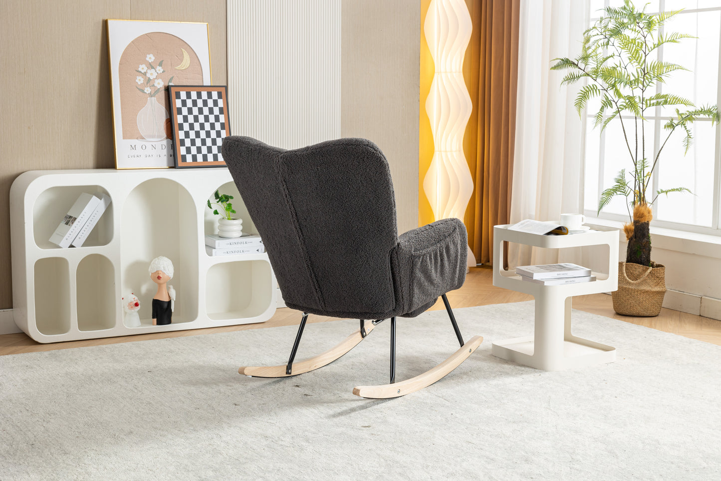 Modern Teddy Fabric Rocking Chair with Adjustable Footstool - Dark Gray