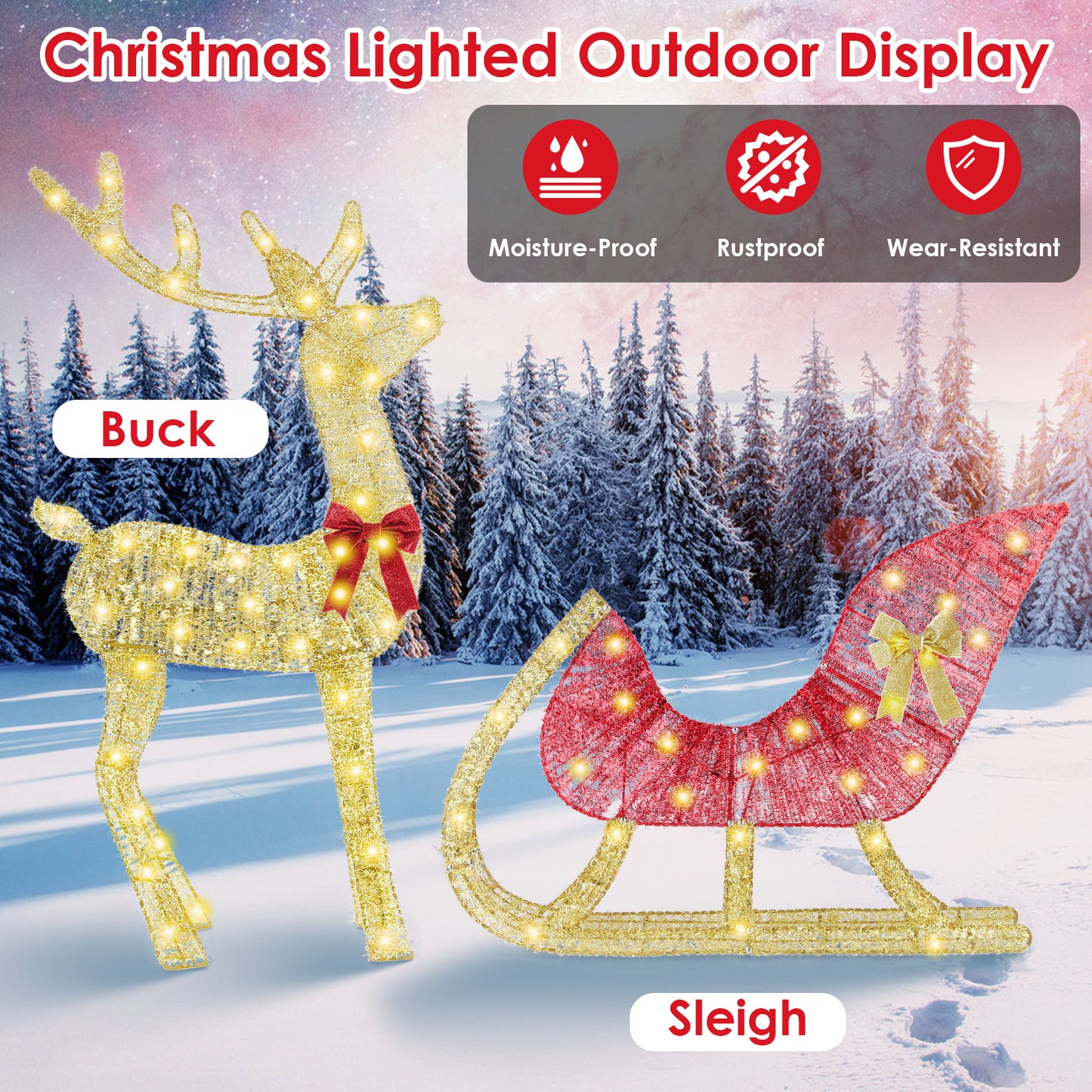 Lighted Christmas Reindeer & Sleigh - 8 Lighting Modes Decor
