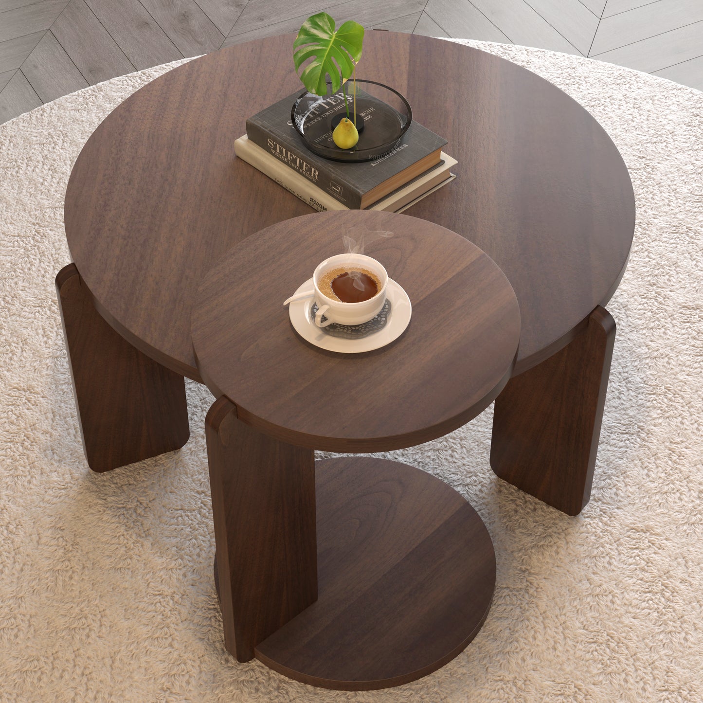 32.68 Inch Nesting Round Wood Coffee Table With End Set Of 2, Walnut