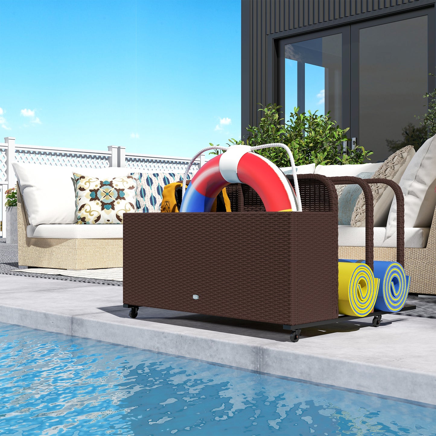 Rattan Pool Float Storage Organizer with Wheels - Brown