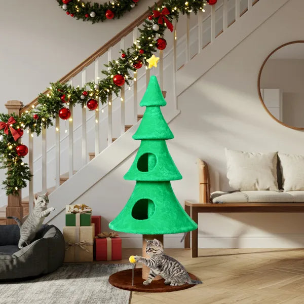 59in Large Christmas Tree Cat Tower with 2 Condos & Scratching Post