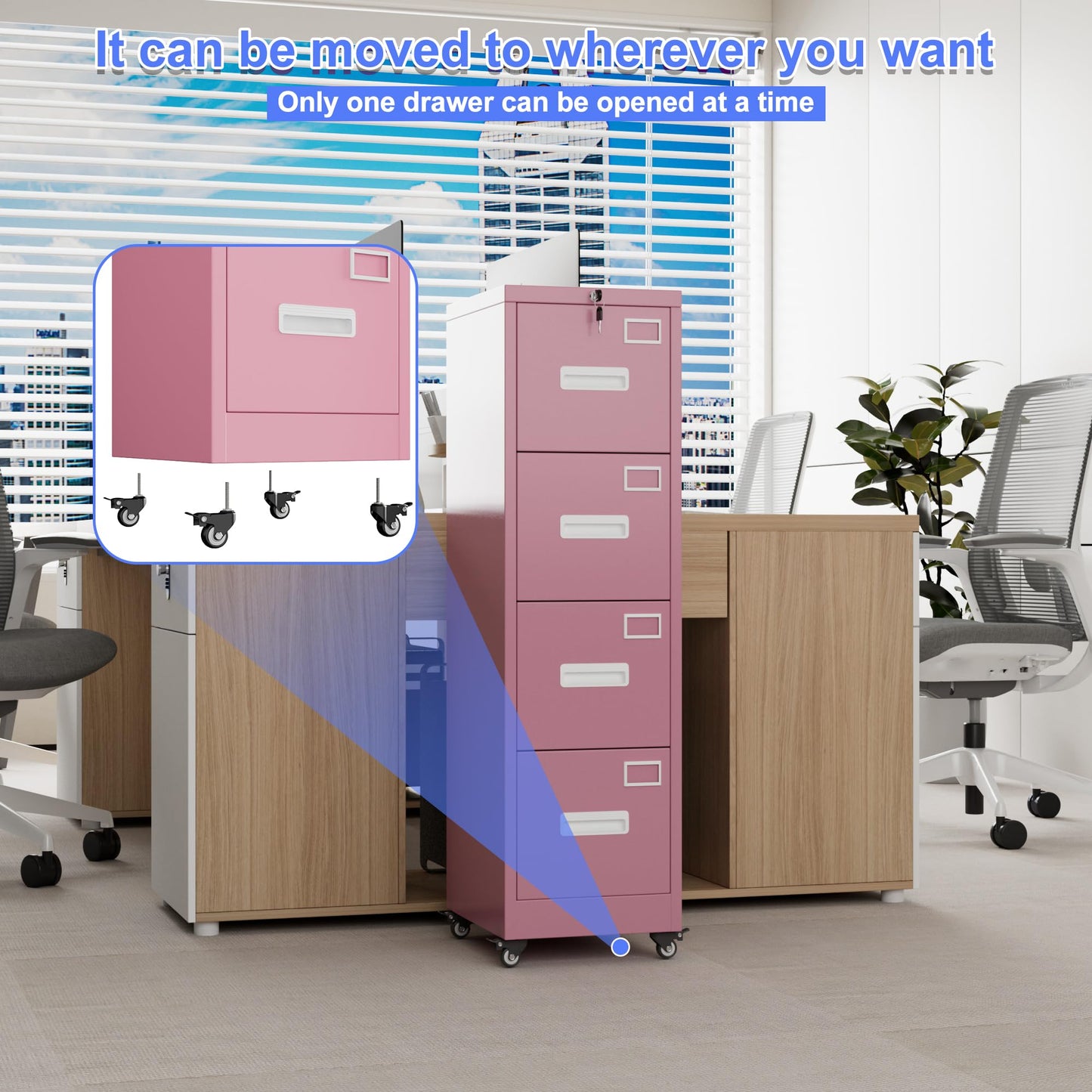4 Drawer Lockable File Cabinet on Wheels - Pink