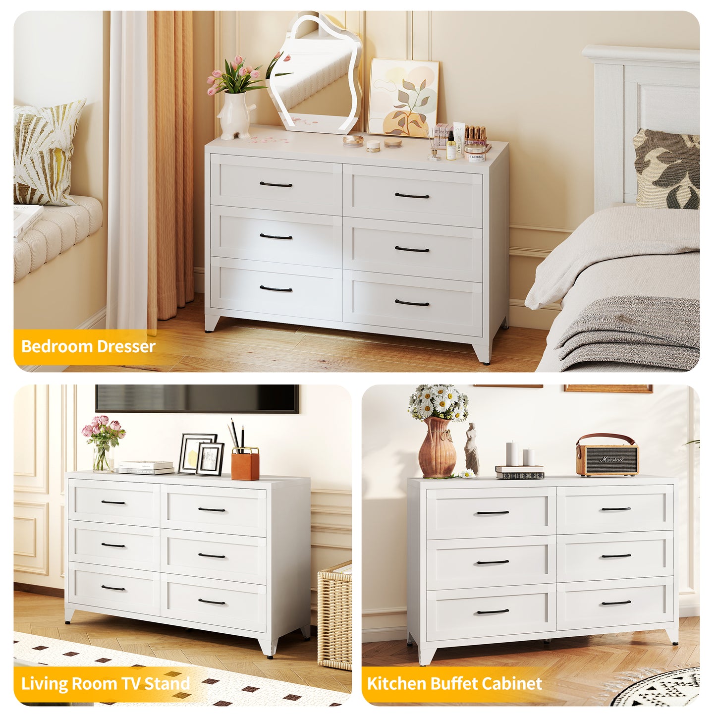6 Drawer Dresser For Bedroom, Modern Metal Storage Chest With