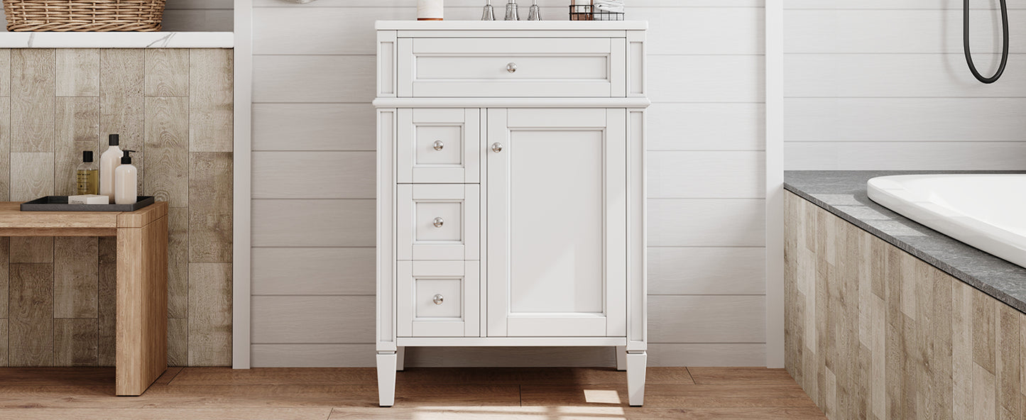 24-Inch Modern Bathroom Vanity with Ceramic Sink & 3 Drawers - White