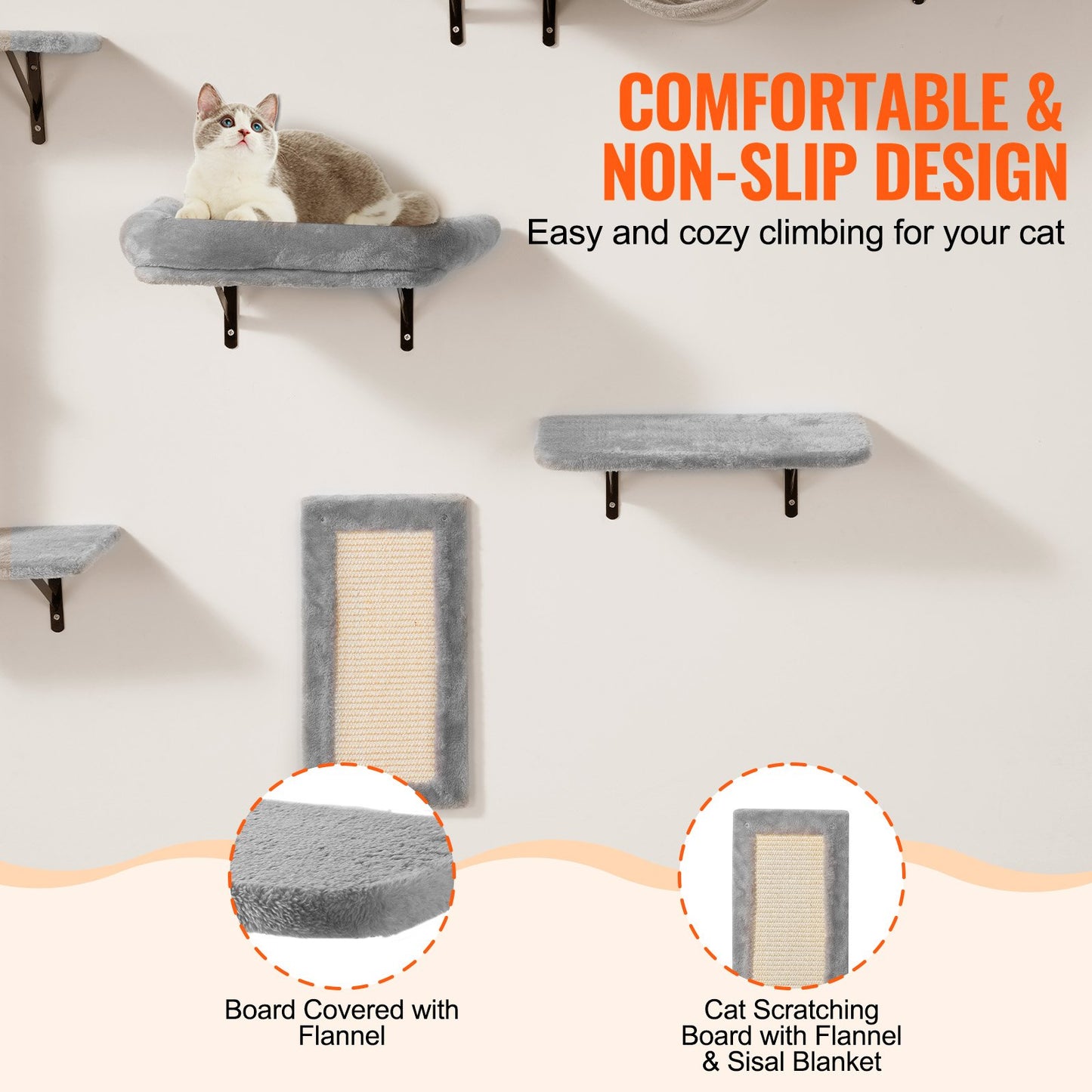 Wall Mounted Cat Shelves Tree Set with Jump Boards Hammock Sofa & Grip - 6 Pieces