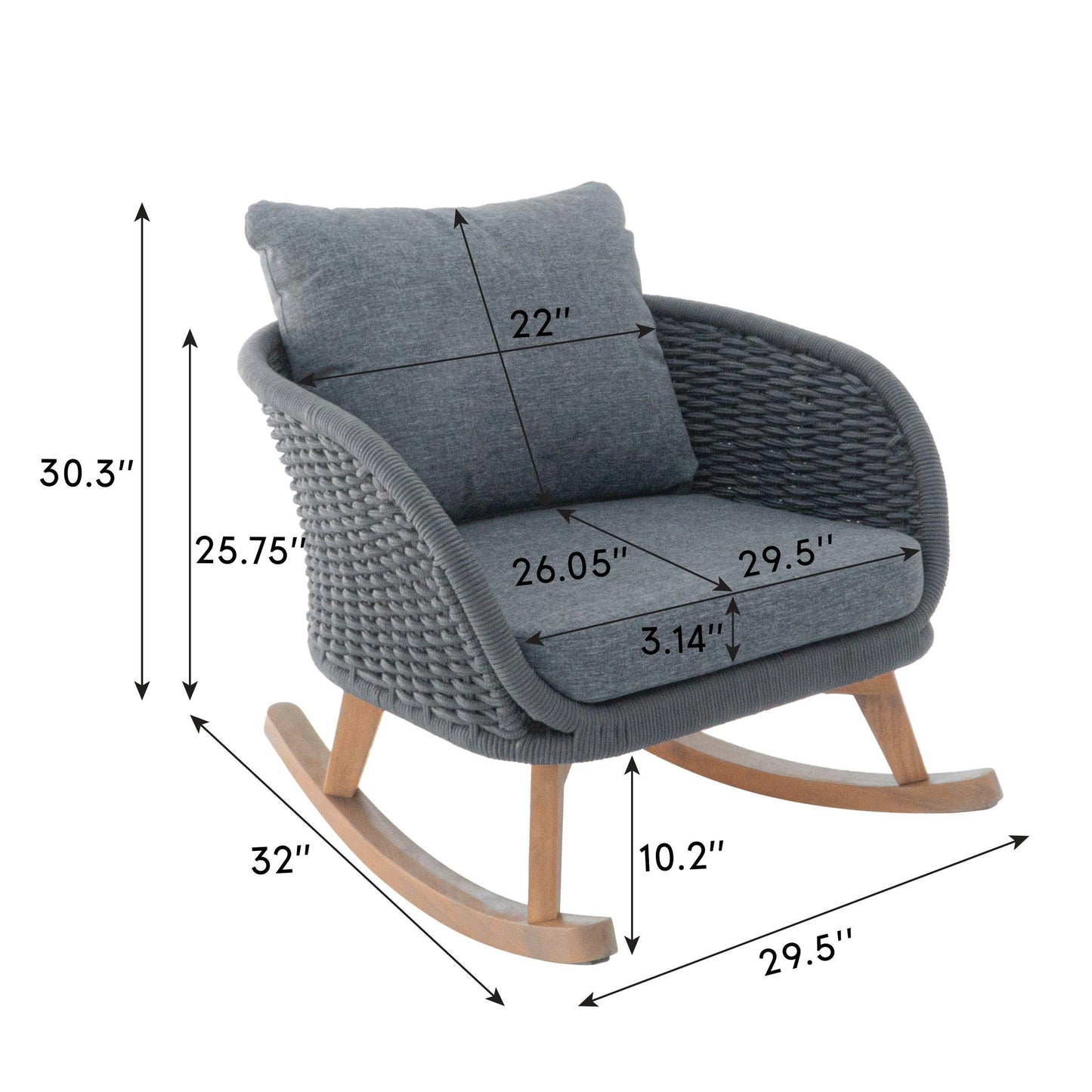 29.5 Contemporary Minimalist Gray Wicker Rocking Chair With Soft