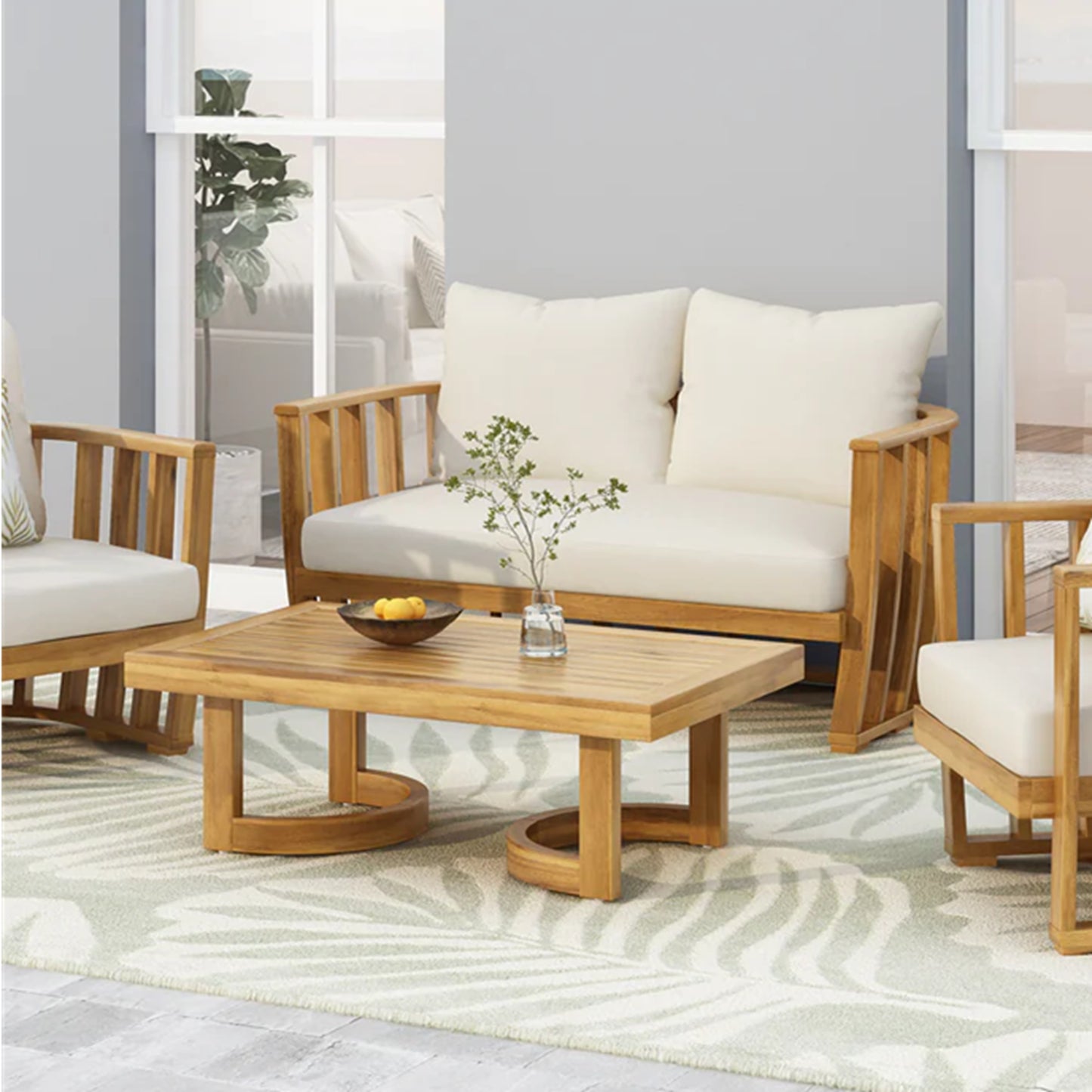 Outdoor Acacia Wood Loveseat And Coffee Table Set With Cushions,