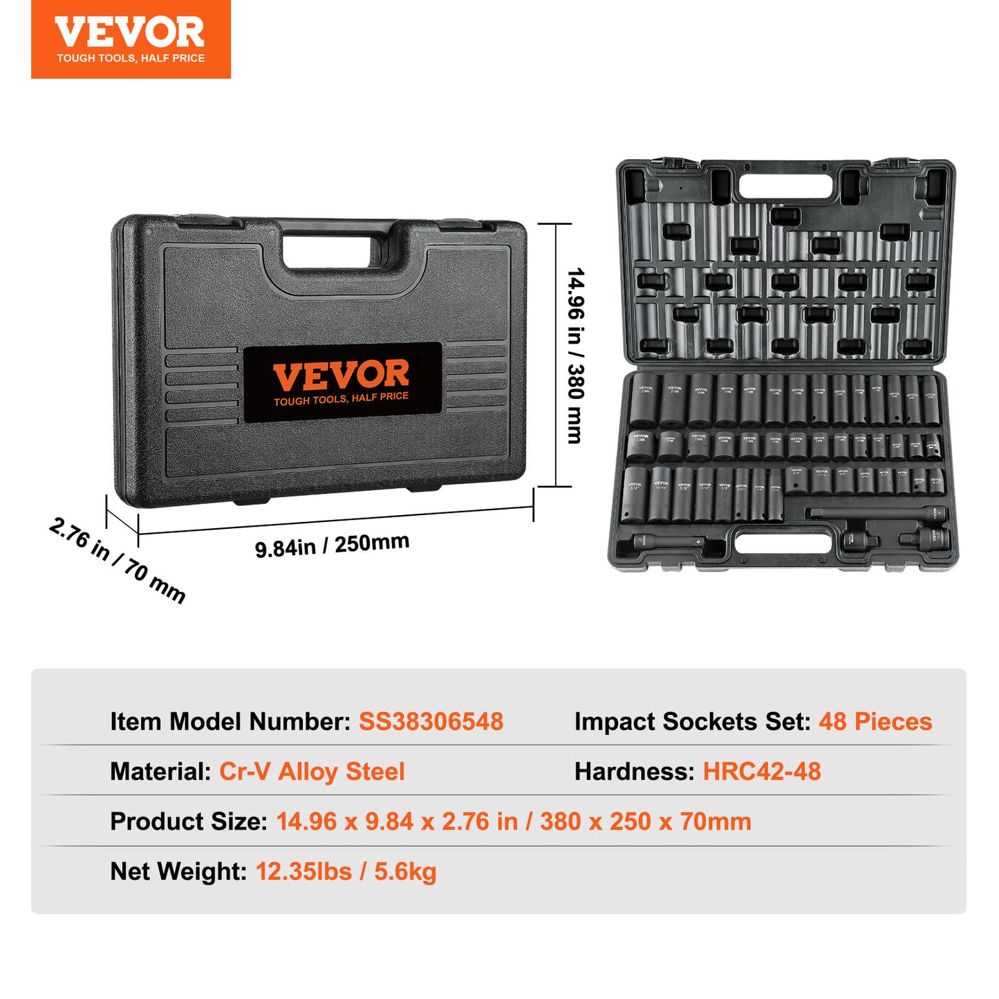 48-Piece Impact Socket Set SAE & Metric with Extension & Universal Joint
