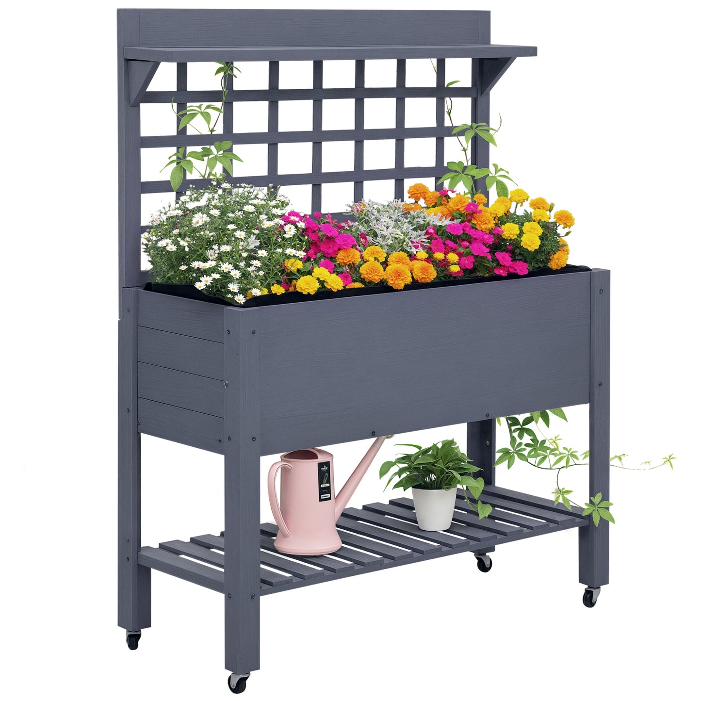 41-Inch Elevated Wooden Garden Bed with Wheels and Trellis - Gray