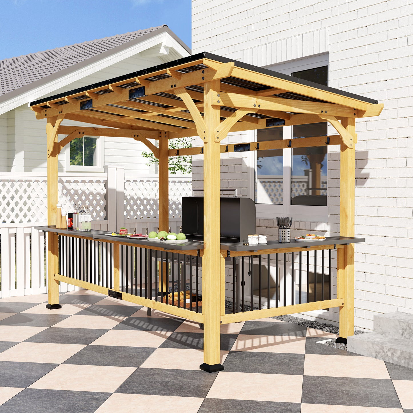 Outdoor Grill Gazebo with Metal Roof and Bar Shelves - Natural Wood