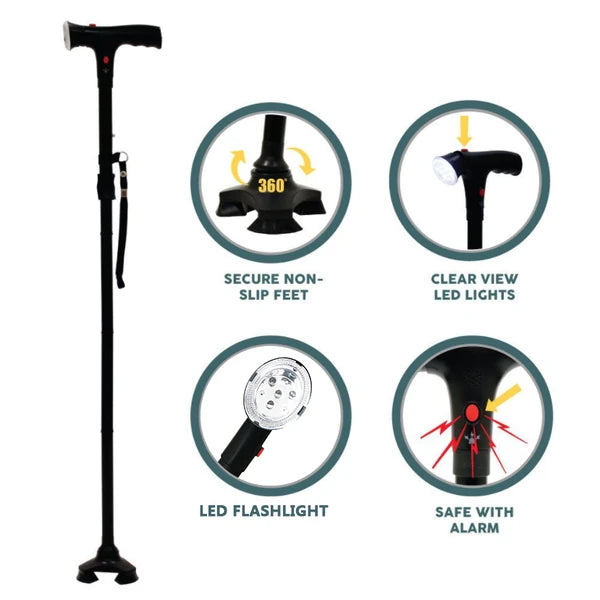 Collapsible Adjustable Height Walking Cane with LED Light & Alarm