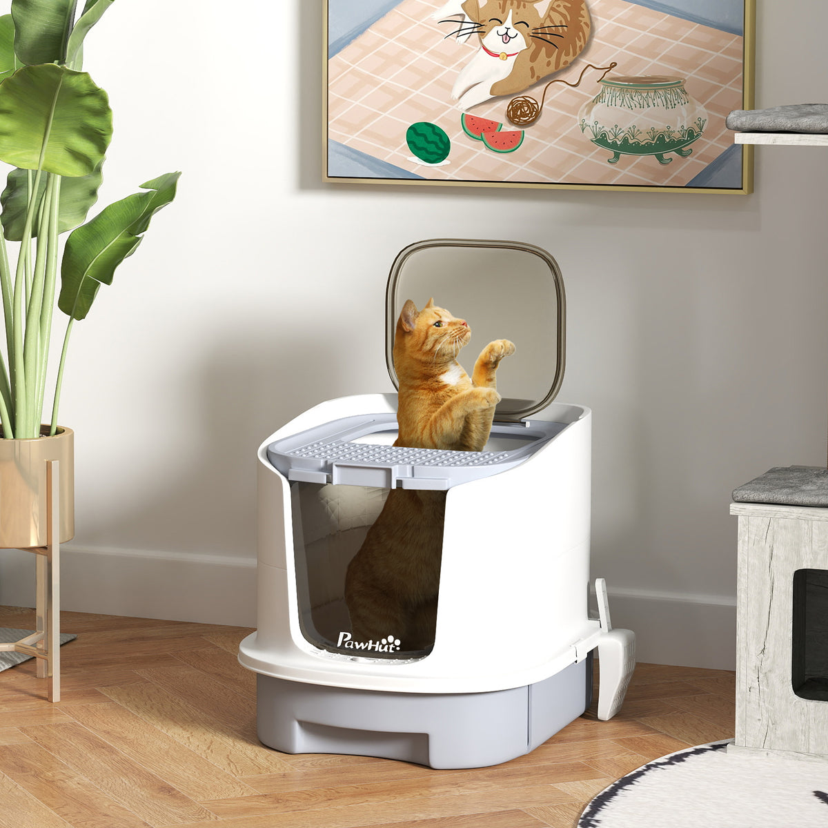 Gray Cat Litter Box with Lid, Drawer, Scoop & Top Entry - Odor Control