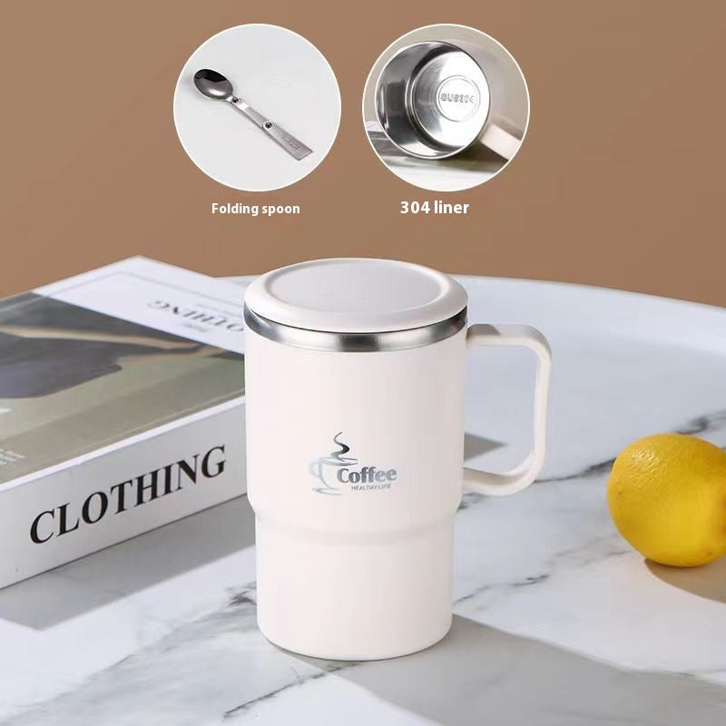 Stainless Steel Mug Cup with Cover and Folding Spoon - Ins Style