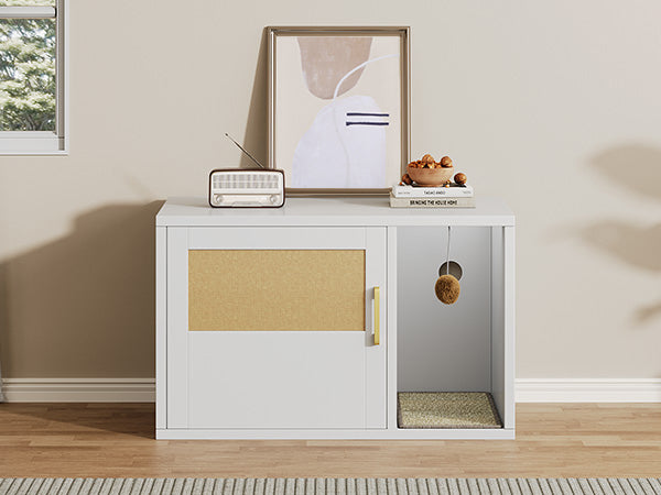 Multifunctional Cat Litter Box Cabinet with Odor Control & Side Table - White
