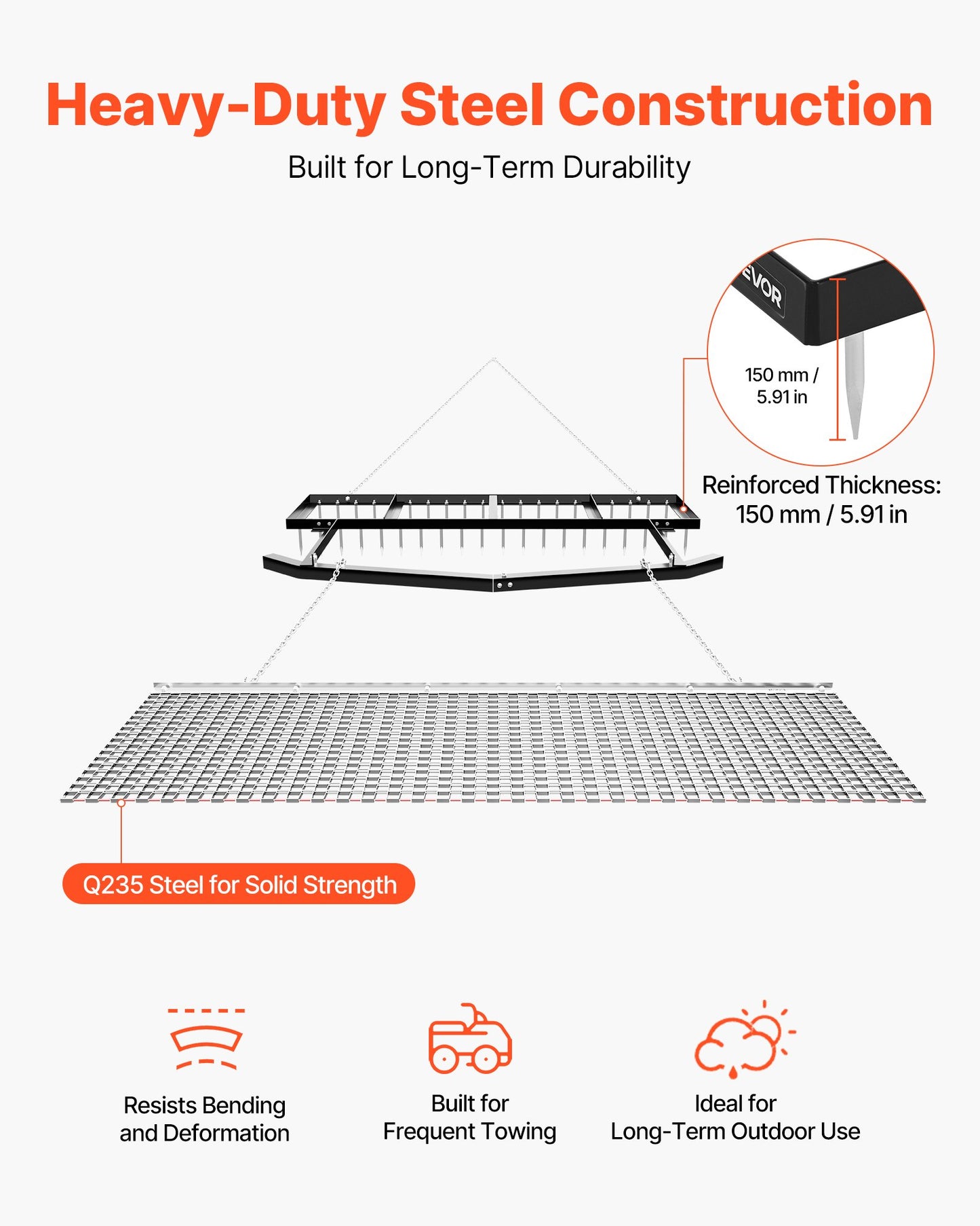 6 Ft Tow-Behind Drag Harrow with Chain, Heavy Duty Steel Lawn Leveler for Gravel Driveways